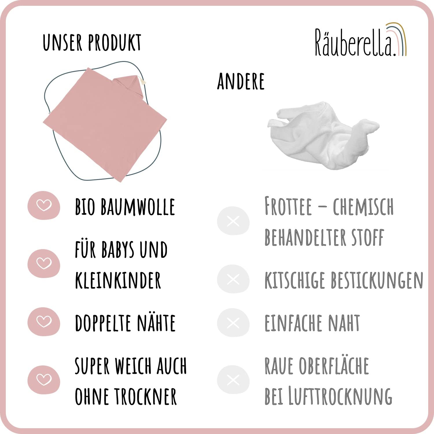 Рушник з капюшоном Räuberella® для малюка, 75 x 100 см, мусліновий рушник для ванни, виготовлений зі 100% органічної бавовни, абсорбуючий дитячий рушник з капюшоном, набір рушників для ванни, включаючи упаковку та картку, рожевий, фото №7