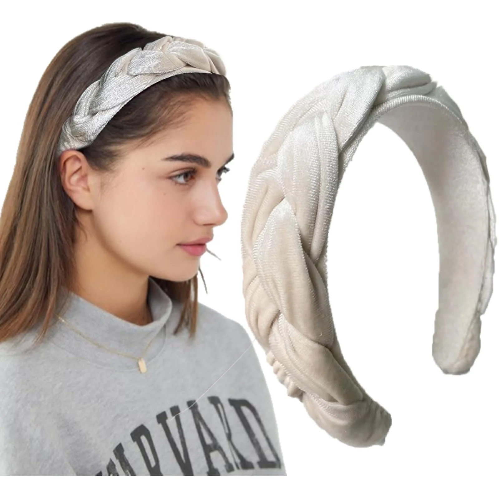 Обруч оксамитовий плетений для волосся жіночий, бежевий, фото №1 Обруч оксамитовий плетений для волосся жіночий, бежевий, фото №1