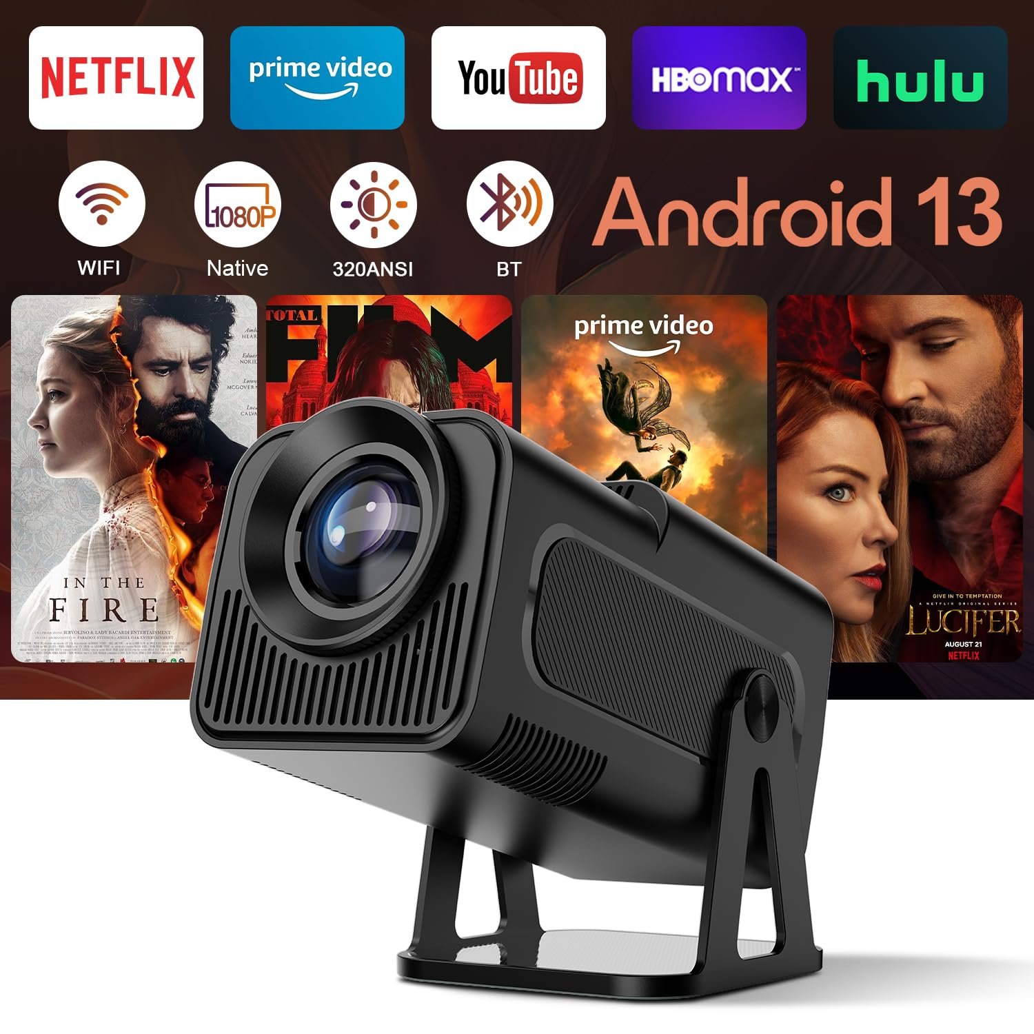 Мини-проектор Android 13 Smart Projector 4K Official Netflix, 320 ANSI, с WiFi и Bluetooth, ChatGPT голосовой помощник, портативный проектор для домашнего кинотеатра, для мобильных телефонов, фото №1