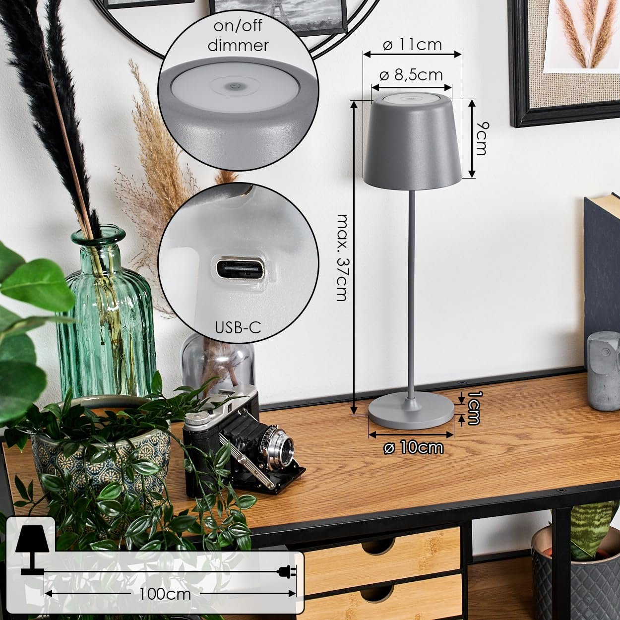 Настільна лампа HOFSTEIN Belece LED набір з 2 шт димована металева/пластикова 37 см USB-C акумуляторна IP44 сіра/біла, фото №5