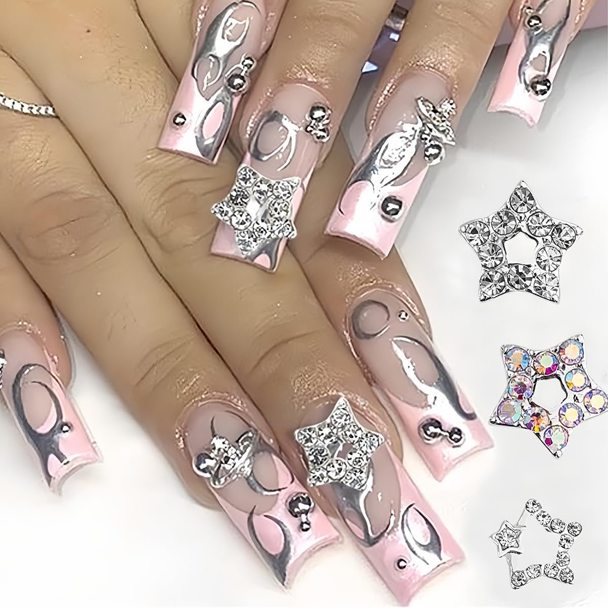Набор подвесок для ногтей Звезда 3D серебряные звезды Стразы для ногтей Дизайн звезды Самоцветы для ногтей Хрустальный бриллиантовый сплав Аксессуары для ногтей (Серебро), фото №4
