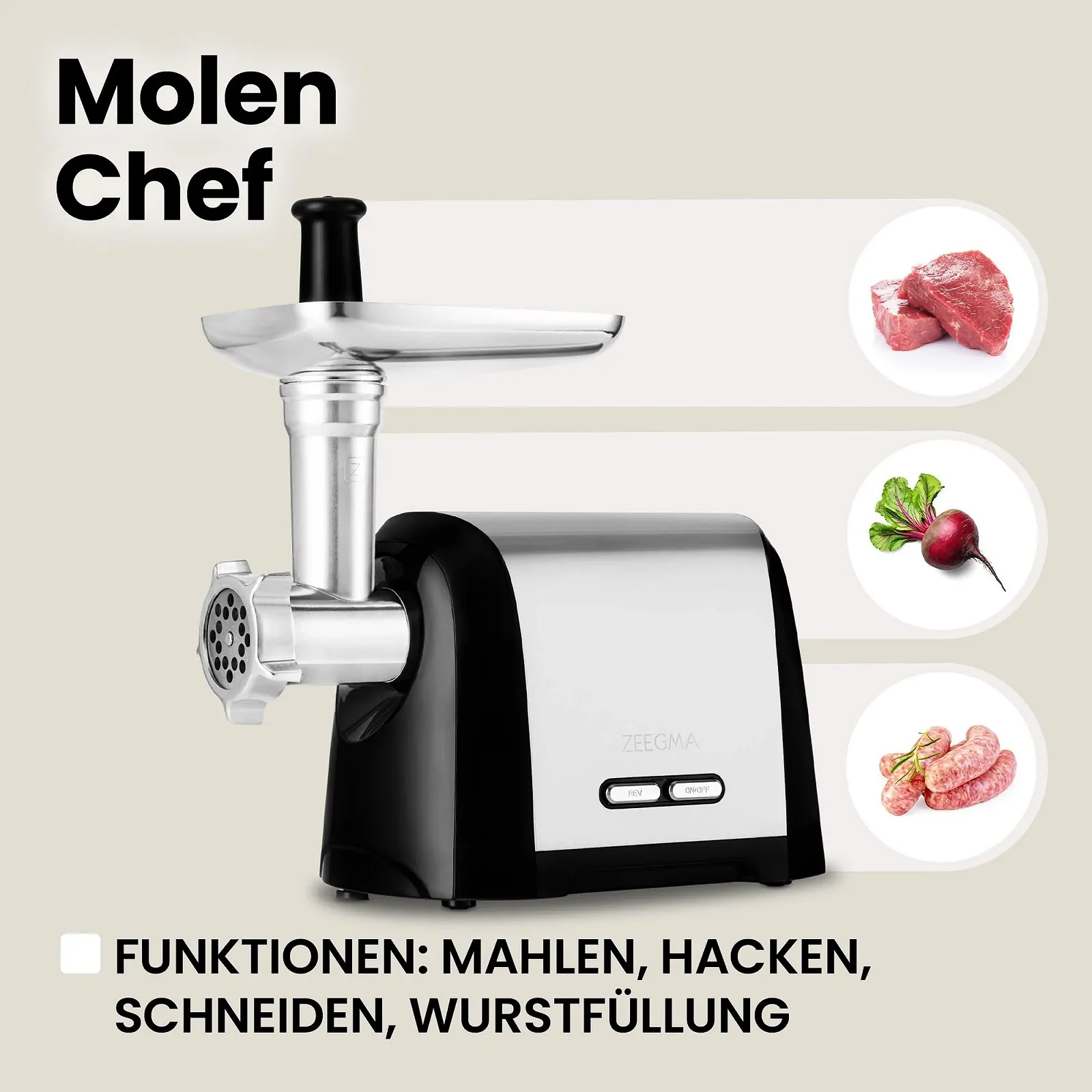 Мясорубка электрическая Zeegma Molen Chef 1200 Вт 1.8 кг/мин реверс, фото №3 Мясорубка электрическая Zeegma Molen Chef 1200 Вт 1.8 кг/мин реверс, фото №3
