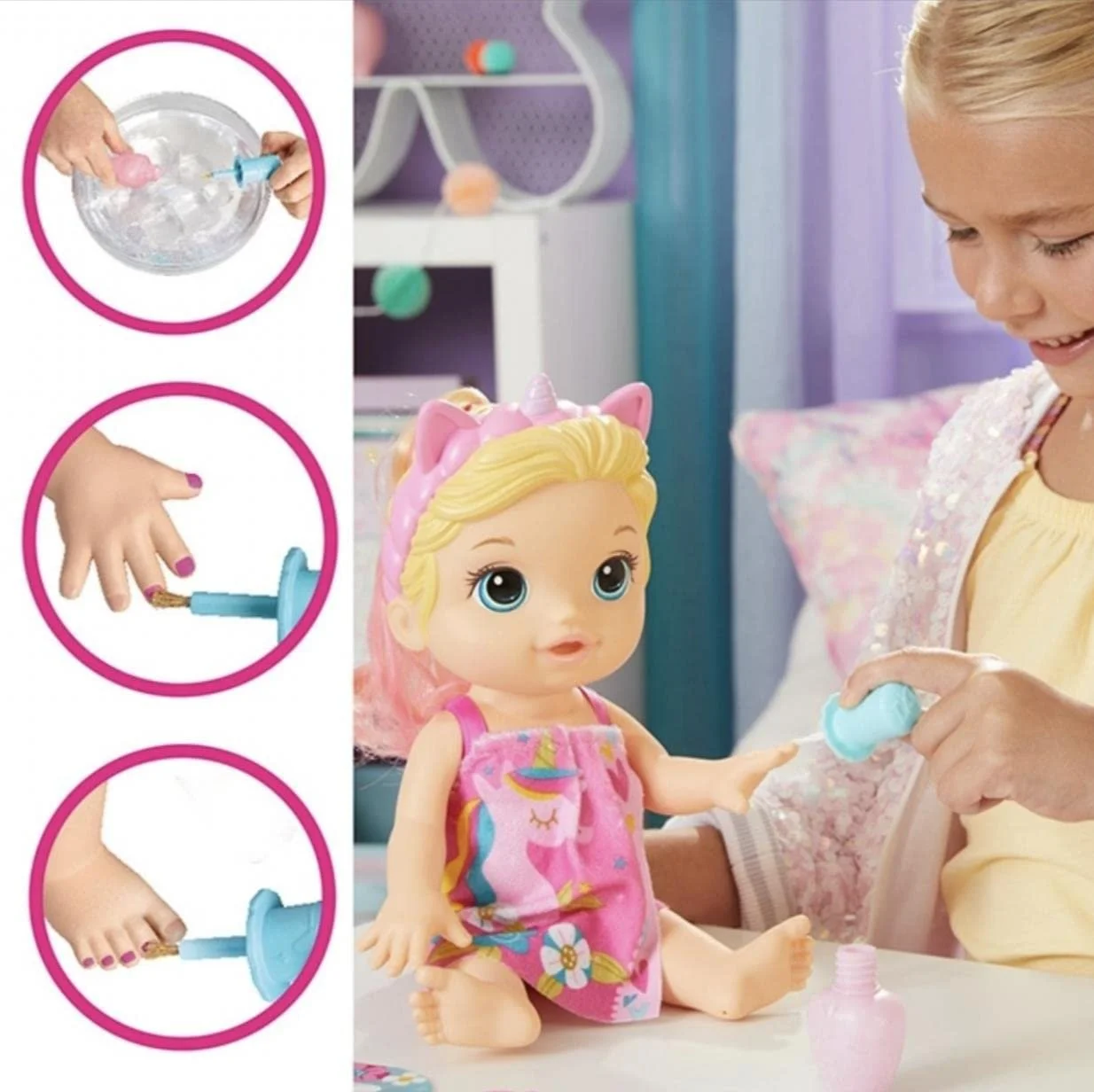Лялька Baby Alive Baby 32.5 см Bathing Unicorn Makeup and Magic Nails Блондинка Multicolor, фото №3