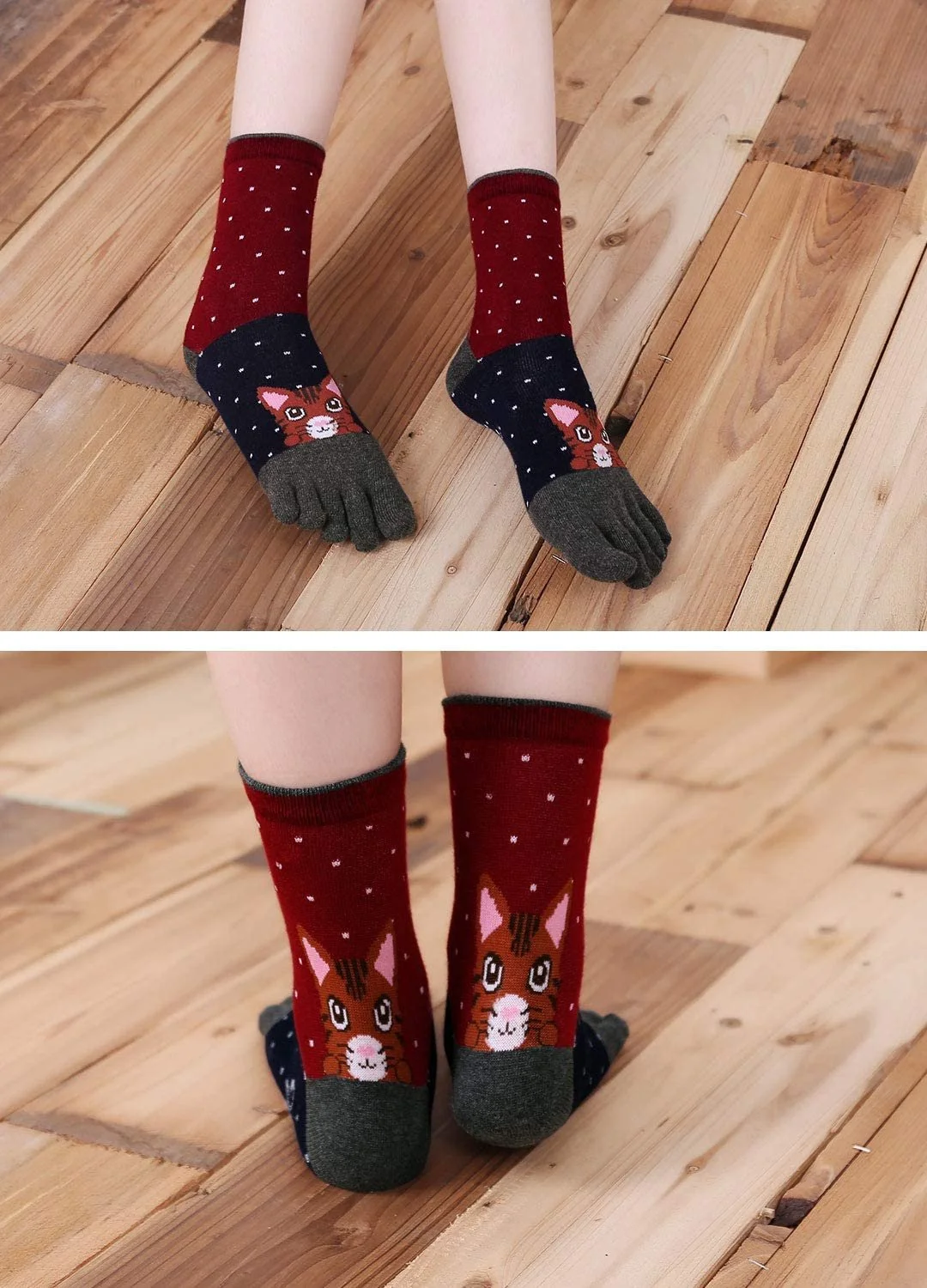 Носки с пальцами PUTUO Женские пятипалые носки из хлопка, смешные носки Женские цветные смешные носки с животными с пальцами для спорта и бега, 5 пар, 36-41, фото №5