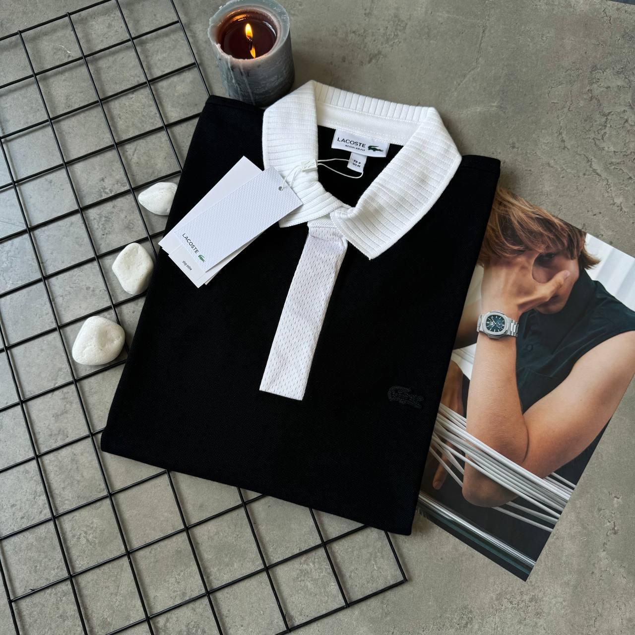 Мужское черное поло Lacoste брендовая футболка с воротником Ласкосте стильная рубашка коротким рукавом, фото №1