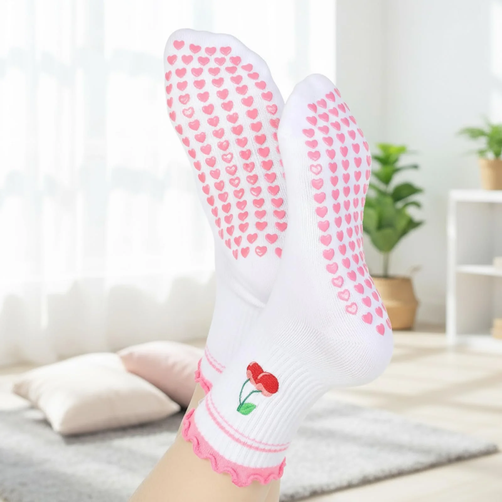 Носки для пилатеса с фруктовым мотивом, нескользящие, 2 шт. Бело-розовые (S-XXL), фото №6