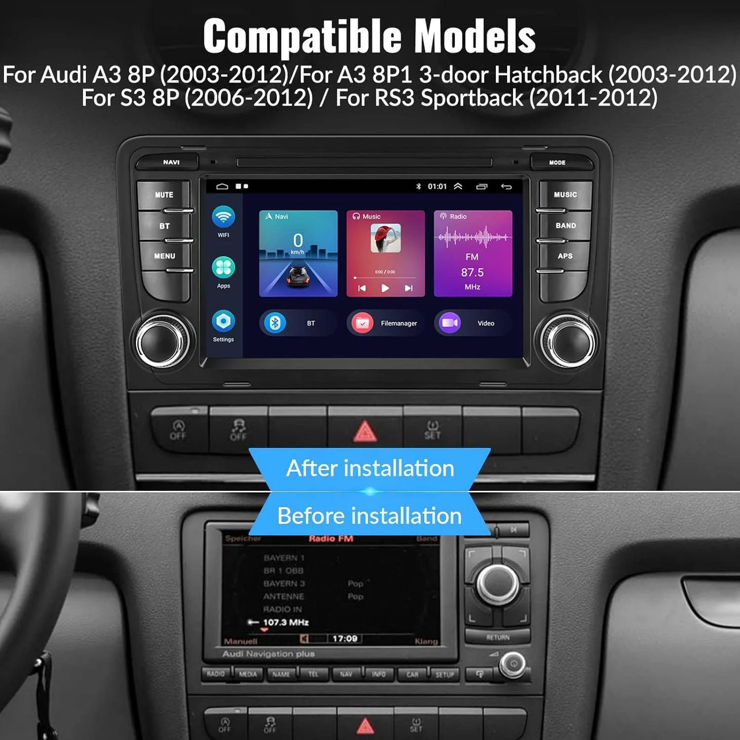 Штатная автомагнитола CAMECHO для Audi A3 S3 RS3 8P 8V/7" / Сенсорная / 2/64Гб / Android 13 / Apple CarPlay / Android Auto / Bluetooth / WI-FI / GPS / USB, фото №3