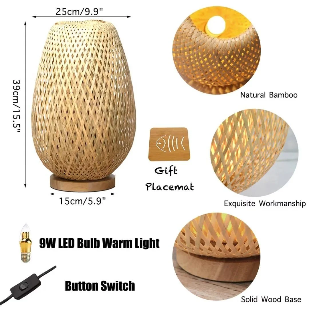 Настільна лампа Bamboo Fabric Style 2 бамбуковий абажур кнопковий перемикач, фото №5