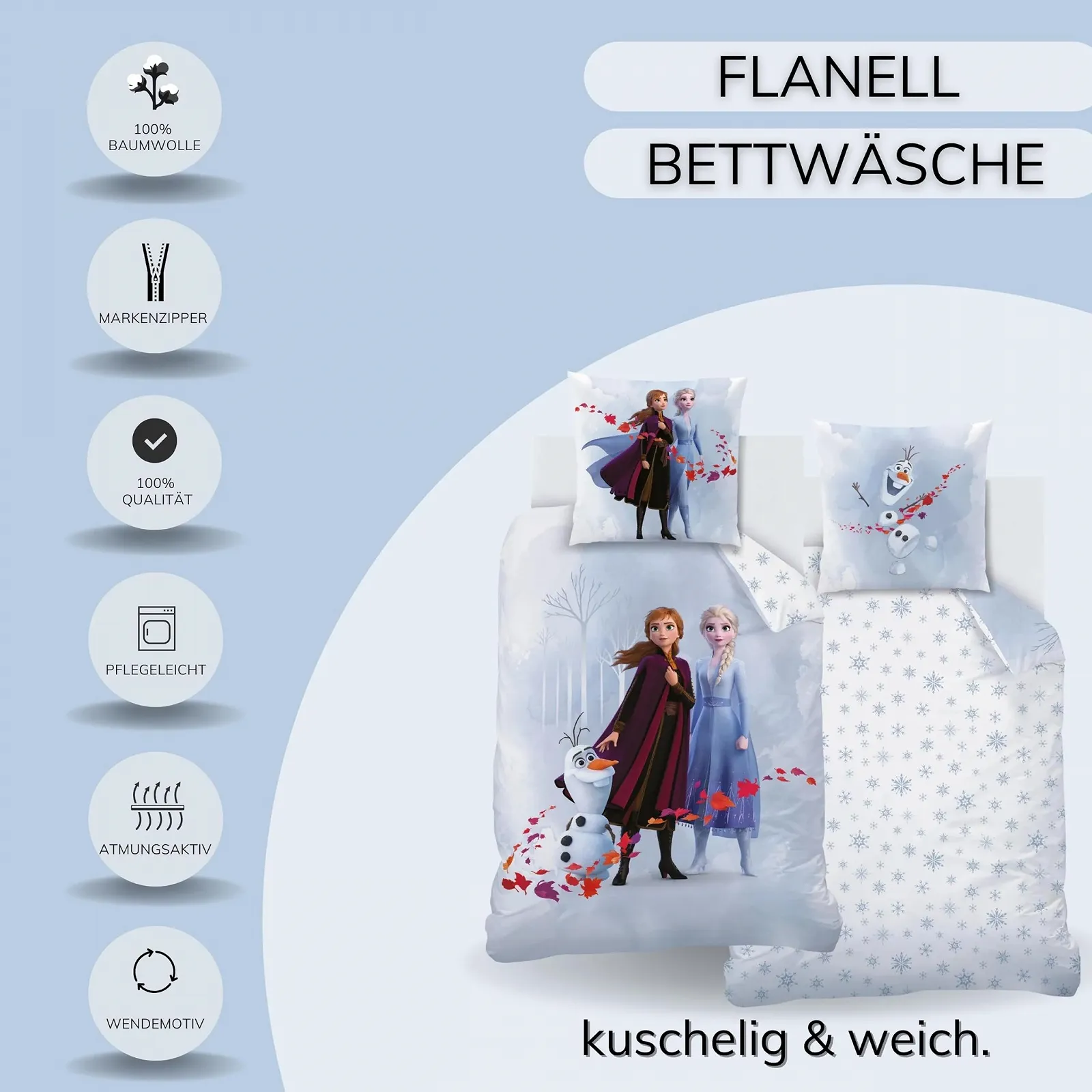 Постельное белье MTOnlinehandel Фланель Frozen Anna Elsa & Olaf, 135 x 200 см, Мягкое, для зимы, 1 Наволочка 80 x 80 см + Пододеяльник 135 x 200 см, Хлопок, Frozen, фото №2