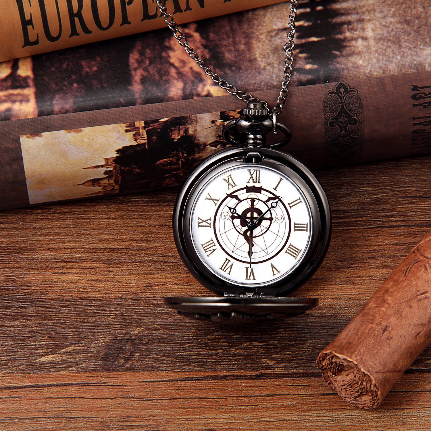 Годинник JewelryWe Подарунок до Дня Батька Кишеньковий Чоловічий Ретро Королівський Флеш/Компас/Квіти/Дзвін/Мотоцикл Ланцюговий Аналоговий Кварцовий Брелок з Ланцюжком Ожини Подарунок для Чоловіків, фото №7