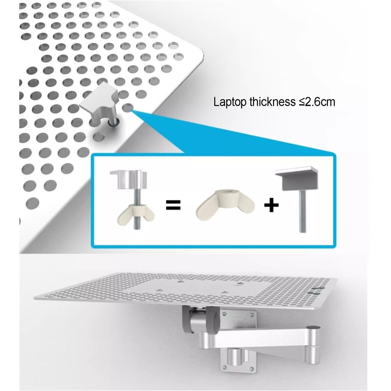 Настінне кріплення для ноутбука, регульований тримач з підставкою для миші, алюмінієвий сплав, вантажопідйомність 8 кг, фото №6