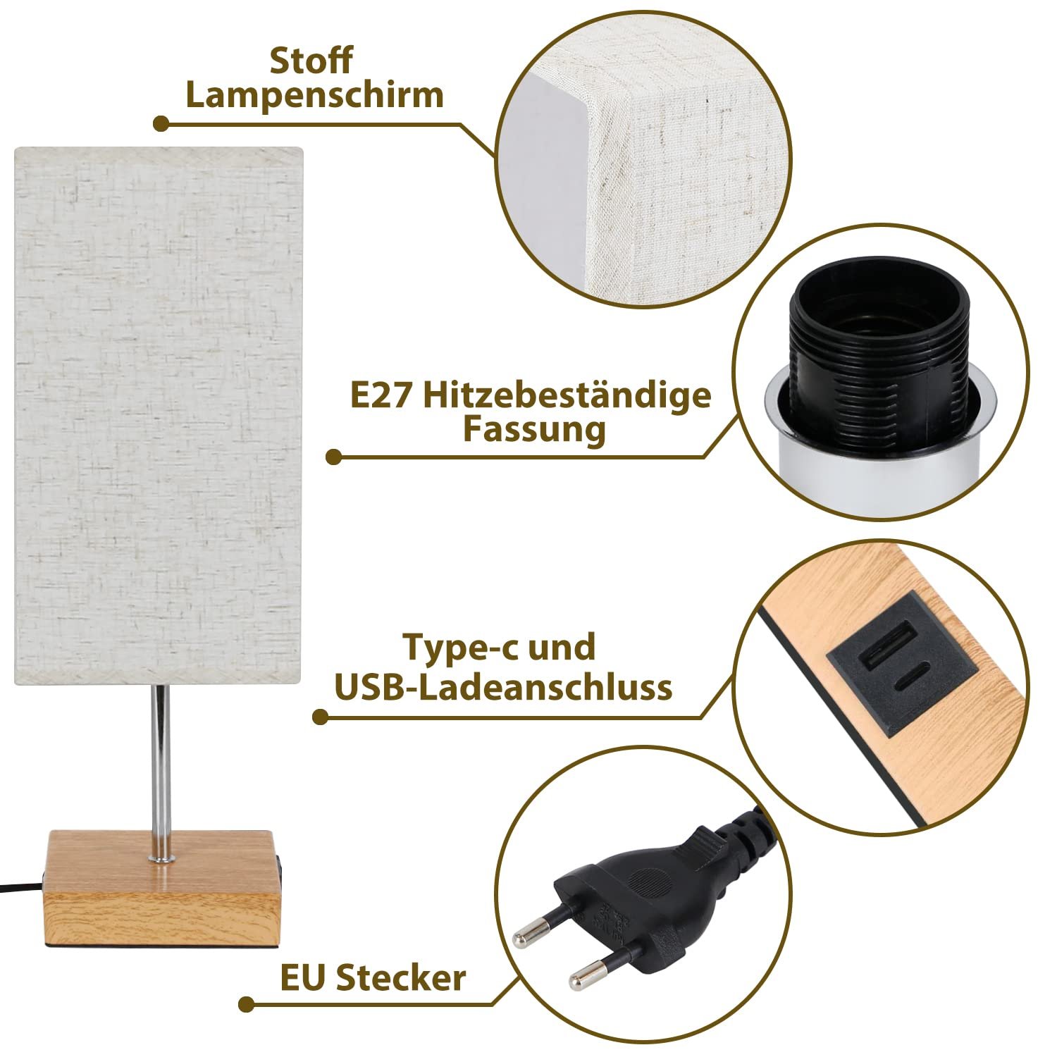 Настільна лампа Набір 2 шт Димерна USB Сенсорна E27 Тканинний абажур Ретро, фото №4