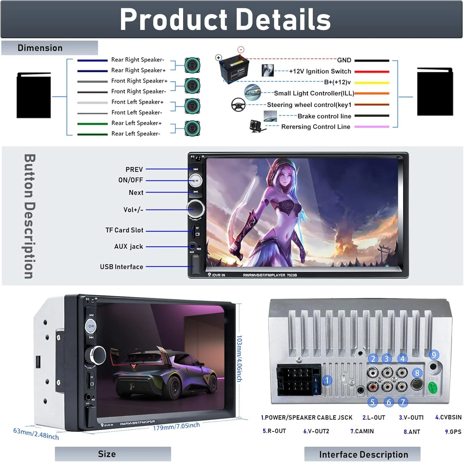Автомагнітола CAMECHO / 7" / Сенсорна / Bluetooth / FM / USB / AUX / TF slot / 2DIN, фото №9 Автомагнітола CAMECHO / 7" / Сенсорна / Bluetooth / FM / USB / AUX / TF slot / 2DIN, фото №9