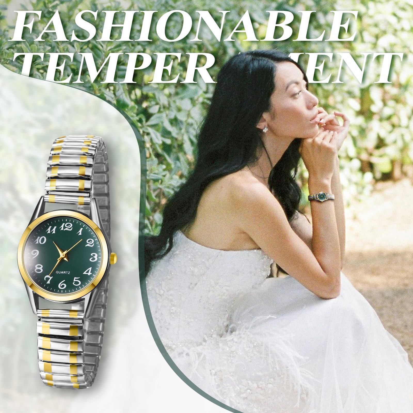 Женские часы Браслет из нержавеющей стали JewelryWe Кварцевые Аналоговые Золотые Серебряные с эластичным браслетом и большими зелеными цифрами, фото №4