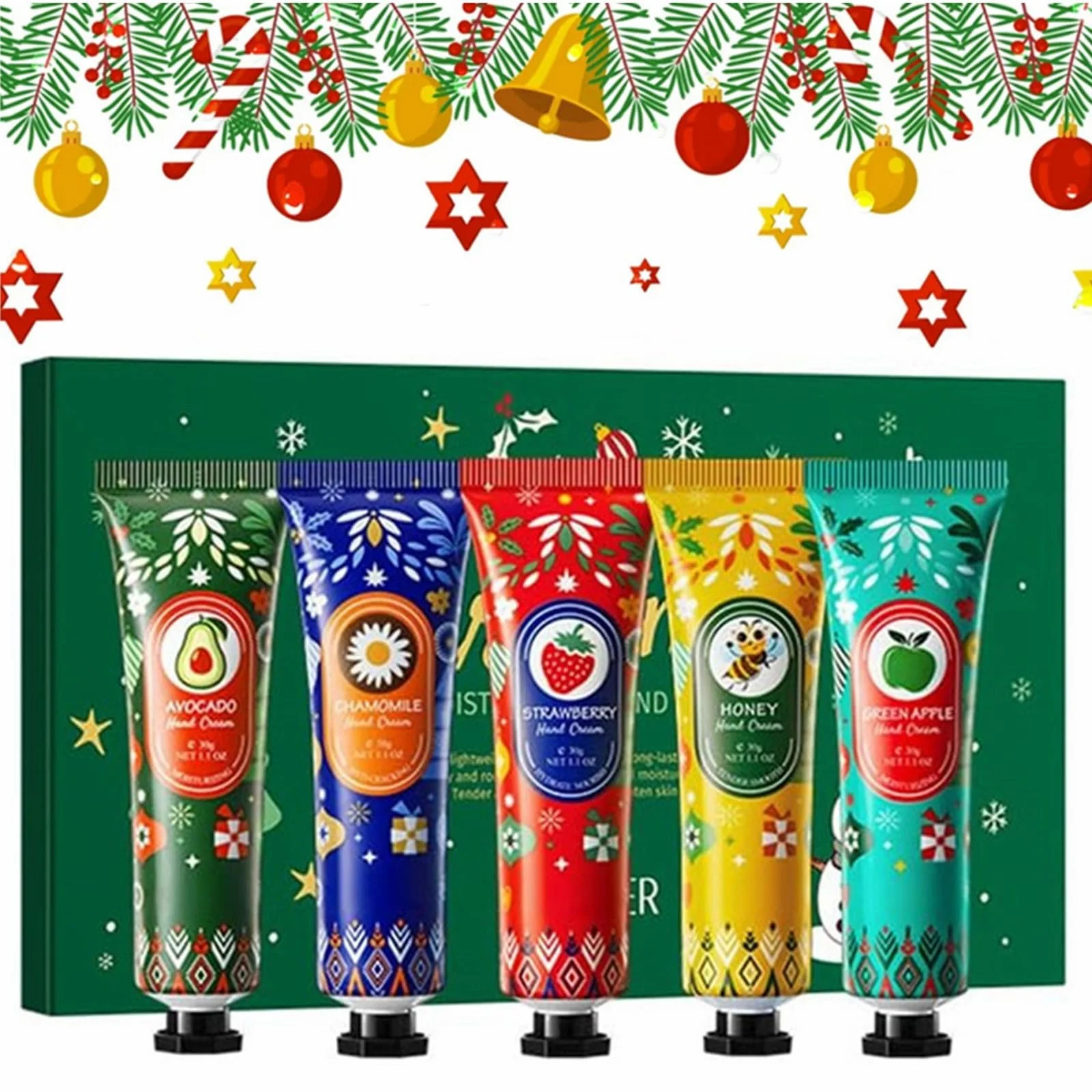 Набір різдвяних кремів для рук, 5 міні-кремів для рук, Різдвяні креми для рук, Крем ніжного догляду для сухих рук, фото №1