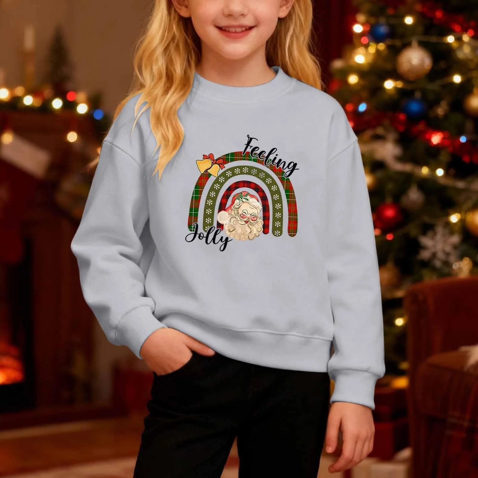 Пуловер для девочки с принтом, с длинными рукавами, круглым вырезом горловины, мягкий флисовый топ для праздничных событий, вечеринок и повседневной зимней одежды, размер 140, фото №3