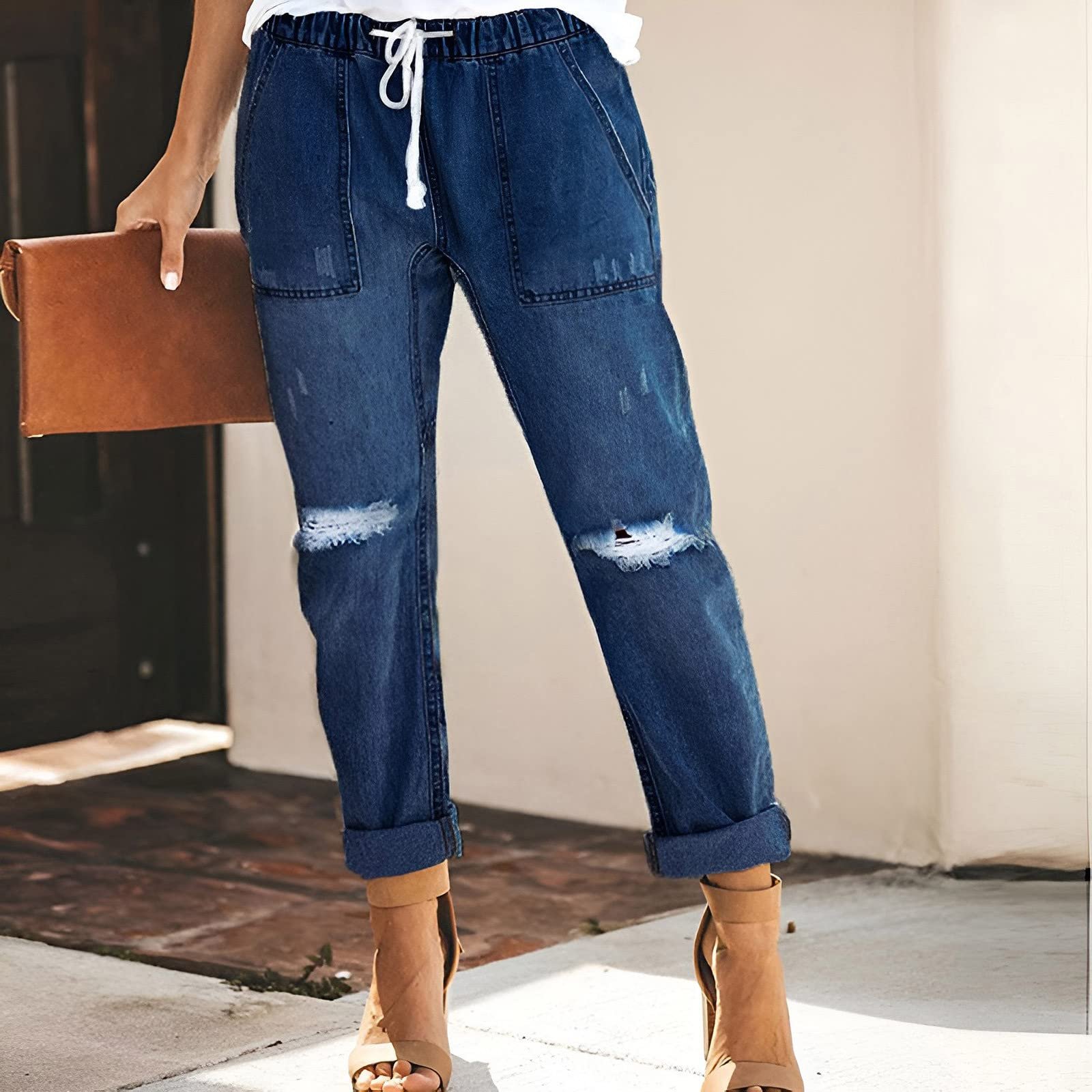 Жіночі джинси Wide Leg Jeans великого розміру, еластичні джинси з гумкою, джоггери 7/8 з куліскою, зручні штани-гарем, тканинні штани, літні рвані джинси, повсякденний денім, фото №2
