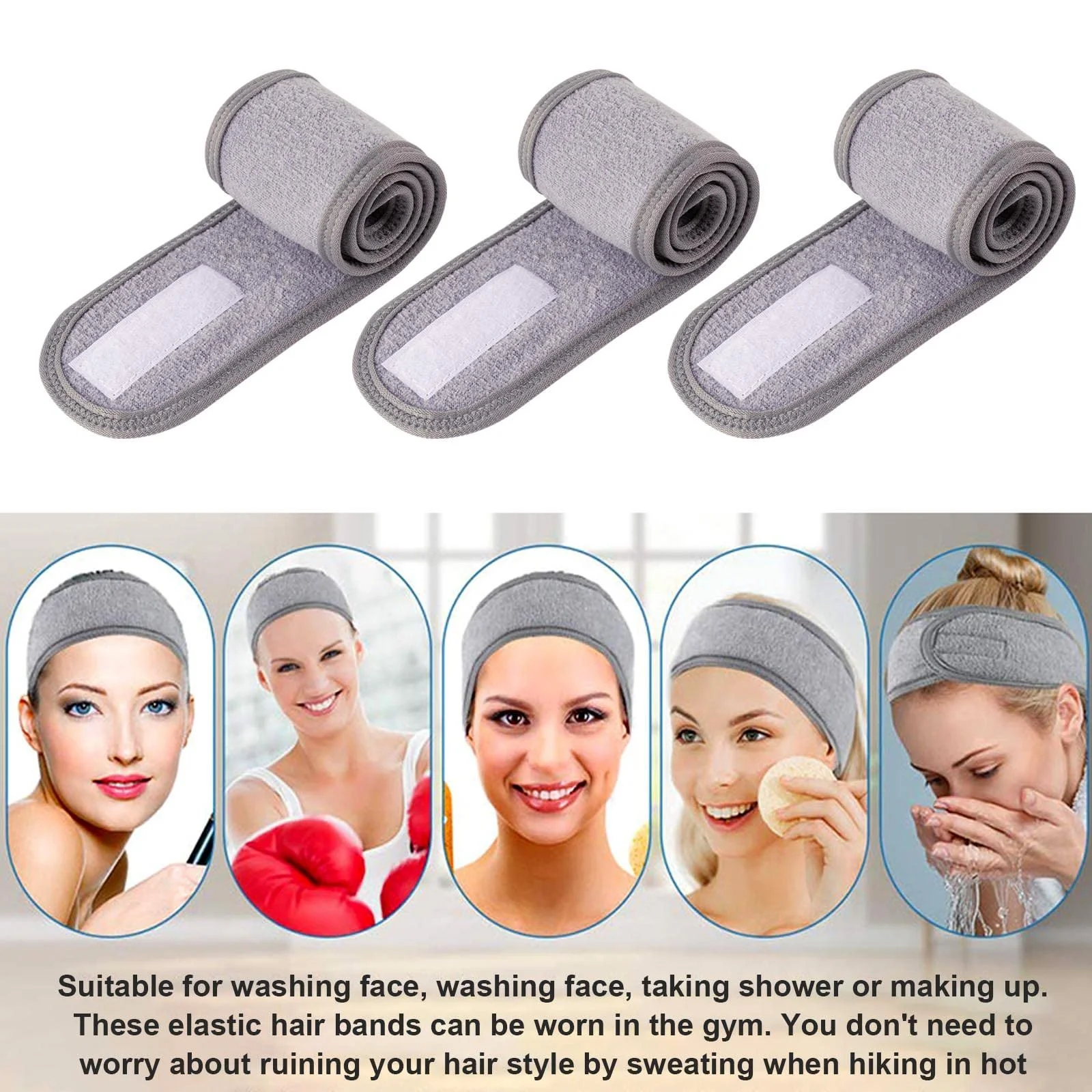 Пов'язка на голову Сіра для макіяжу, для вмивання обличчя, косметична, фото №4