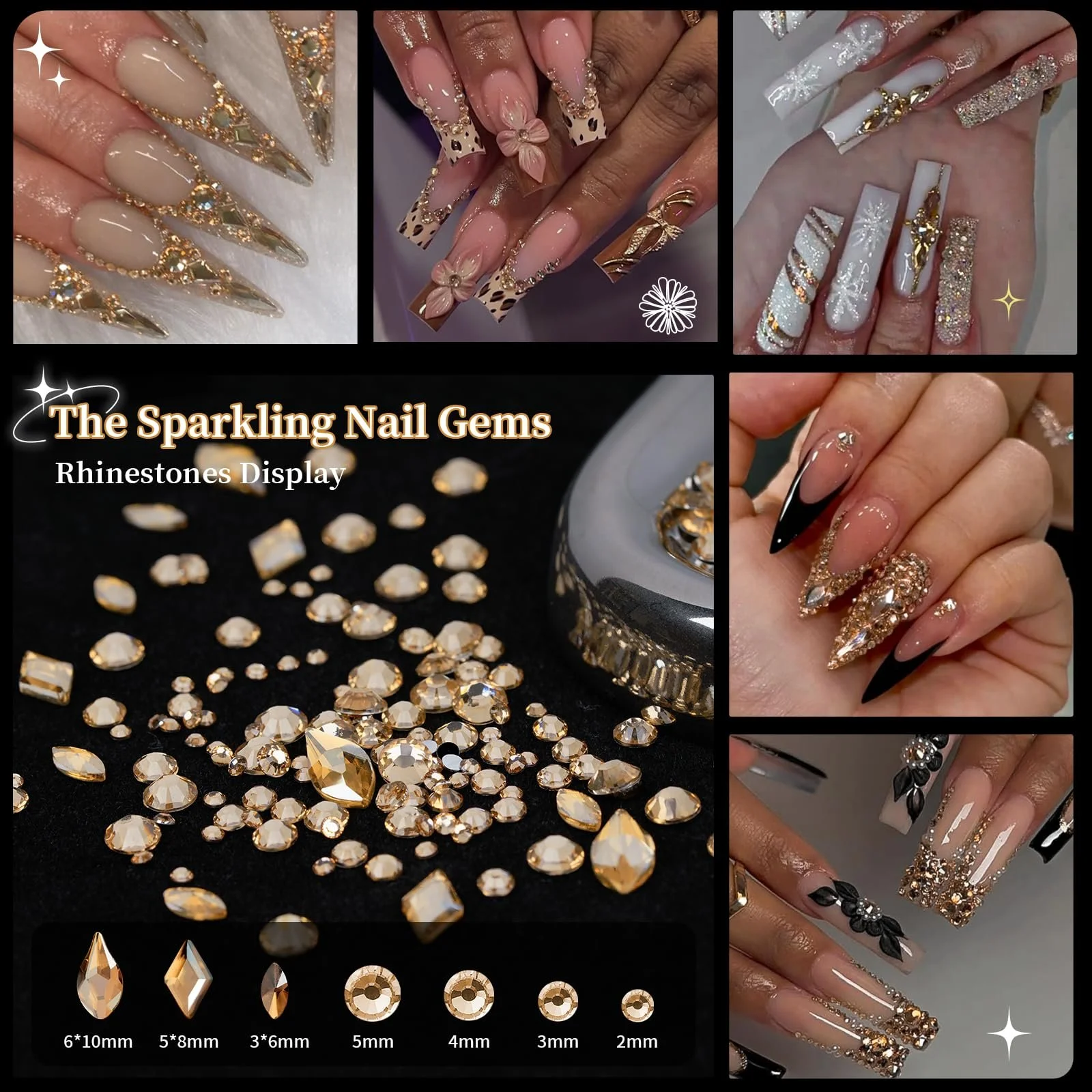 Стразы для ногтей EARLMONI, 6 коробок, для украшения ногтей, одежды, поделок, DIY (Черный), фото №3