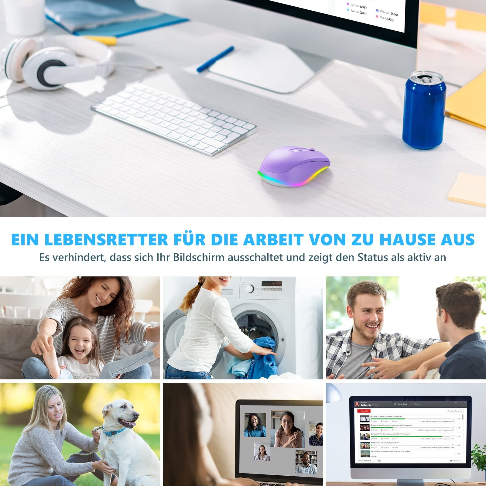 Мышь беспроводная Seenda LED, перезаряжаемая, с функцией Mouse Jiggler, тихая, 2.4G USB, для ноутбука, компьютера, DPI 2000, фиолетовая, фото №7