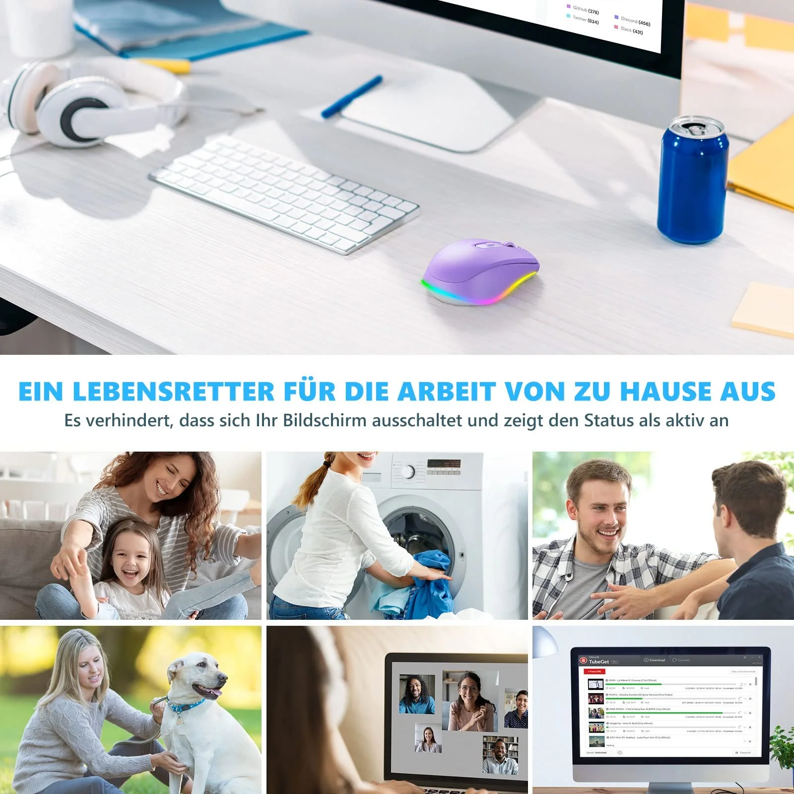 Мышь беспроводная Seenda LED, перезаряжаемая, с функцией Mouse Jiggler, тихая, 2.4G USB, для ноутбука, компьютера, DPI 2000, фиолетовая, фото №7