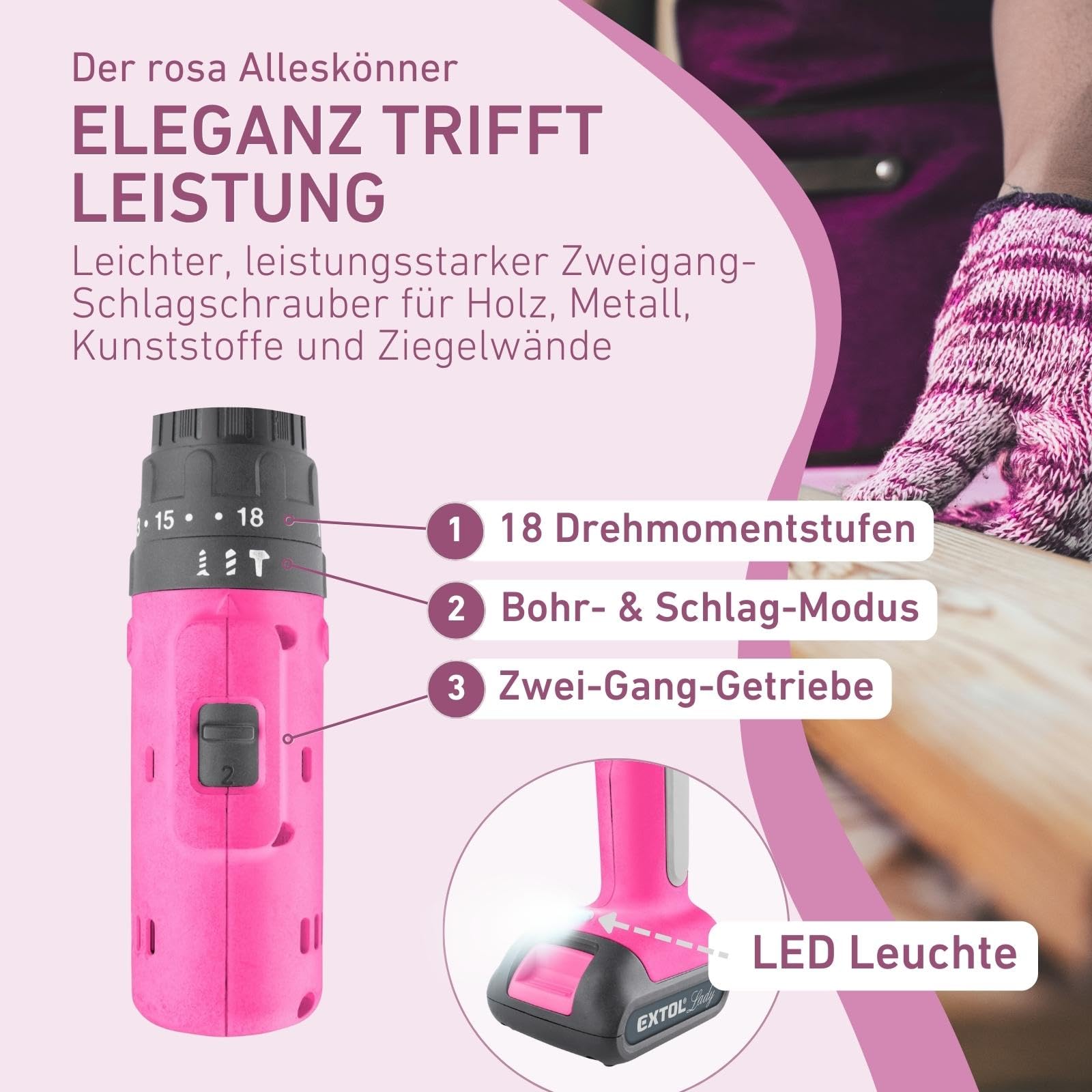 Набір Extol Lady Cordless Drill 27 шт I 12 В Li-Ion жіночий бездротовий шуруповерт рожевий з ударною функцією 2000 мАг I 2-швидкісний бездротовий ударний дриль з сумкою для інструментів I з рожевим футляром, фото №3