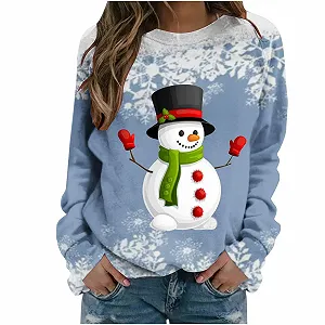 Рождественский джемпер Женский уродливый новогодний свитшот Смешной графический повседневный рождественский принт снеговика Тонкий свитер с длинными рукавами и круглым вырезом - Фото 1