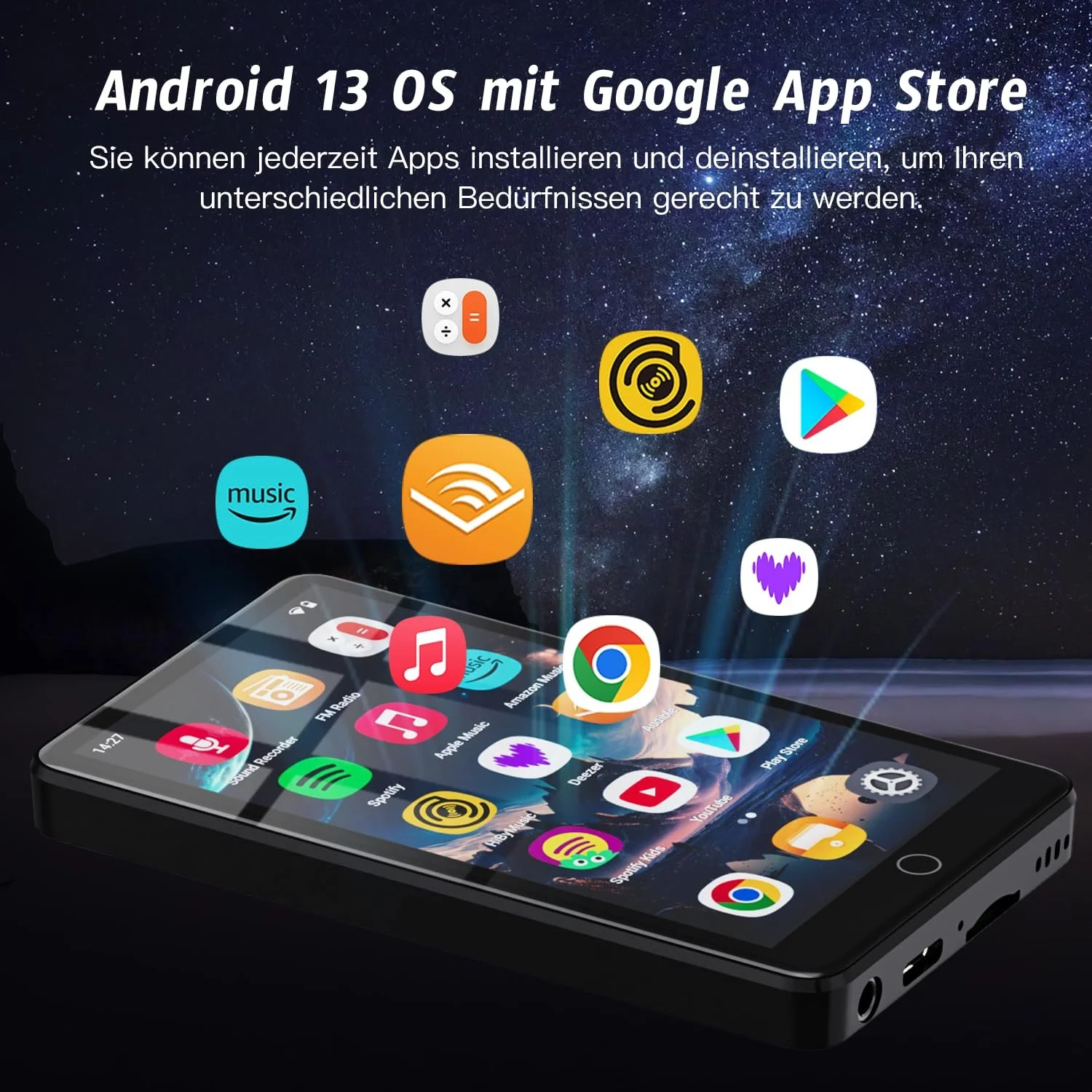 MP3-плеер 96GB с Bluetooth и WiFi, 4.02 Дюймовый IPS HD MP4 плеер с Android 13 OS, с динамиками, Android MP4 MP3 плеер с Deezer, Spotify и Play Store, фото №3