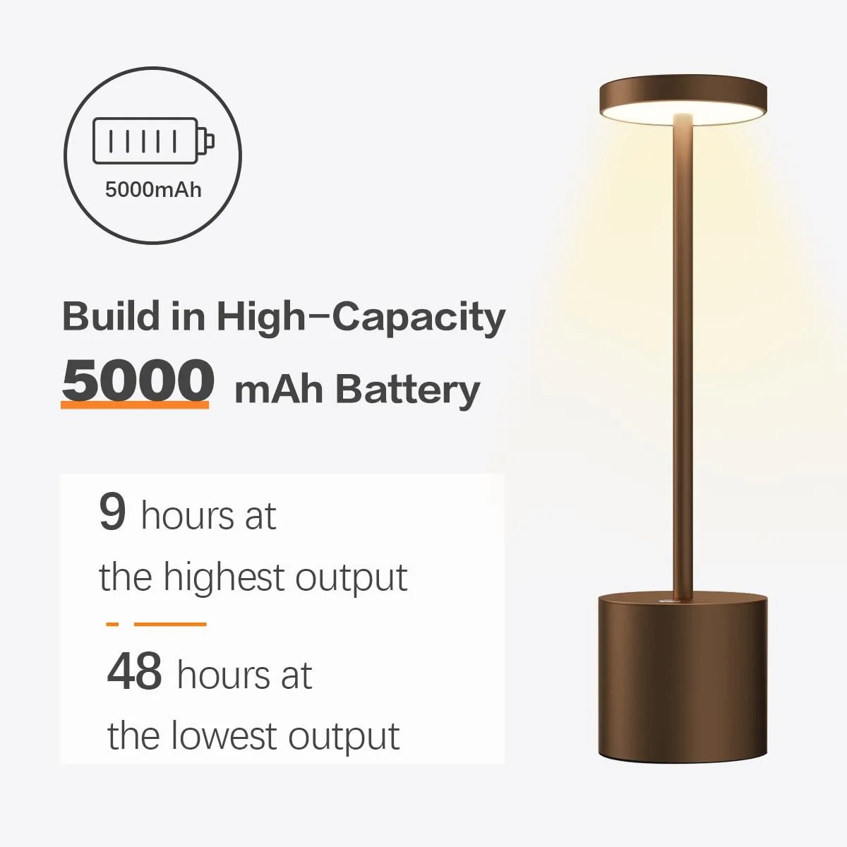 Настільна лампа LED 2 шт. Бездротова з акумулятором 5000 мАг Алюміній Коричневий, фото №2