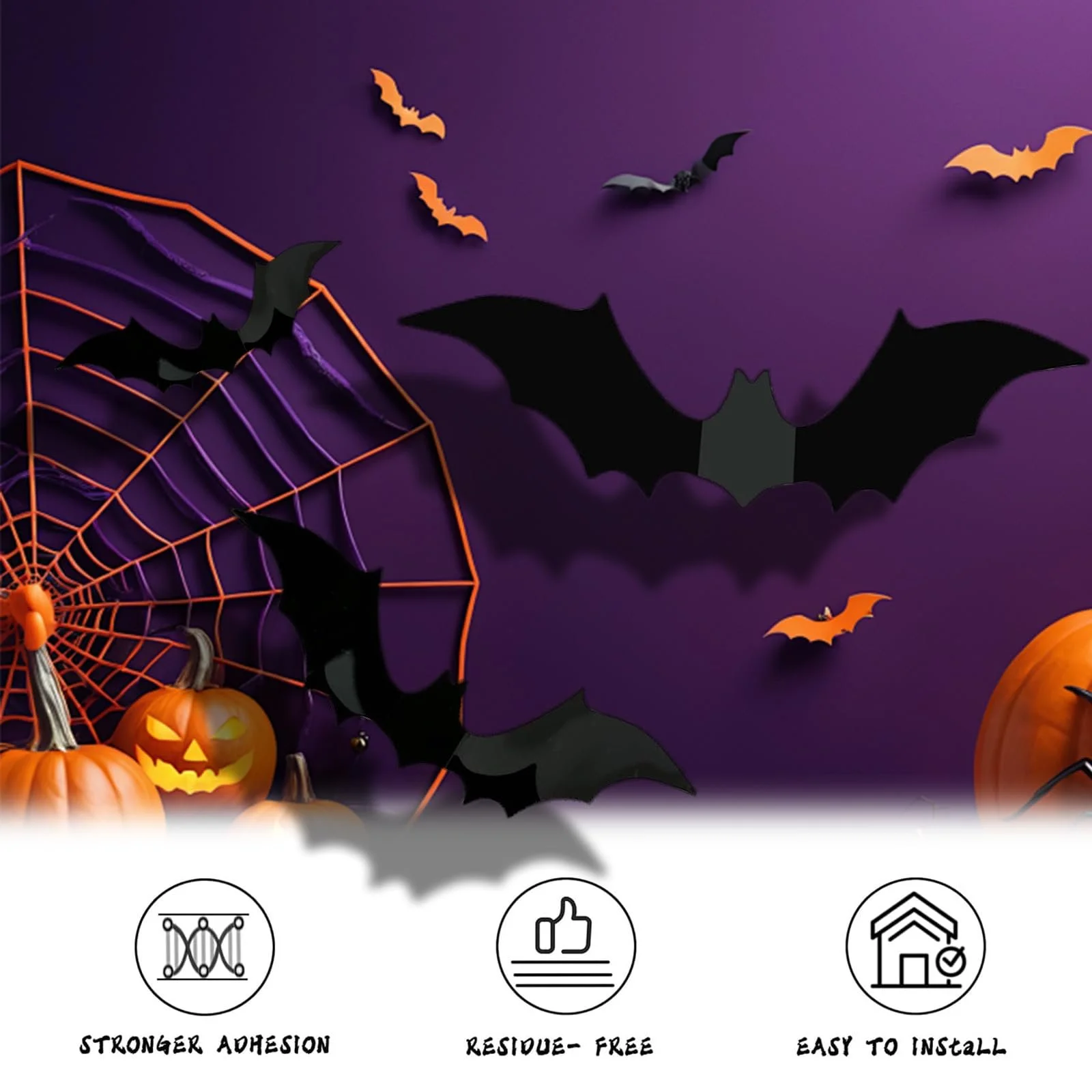 Наклейки на стіну Хелловін 3D Кажани 120 шт. 4 розміри Водостійкий PVC Чорний, фото №3