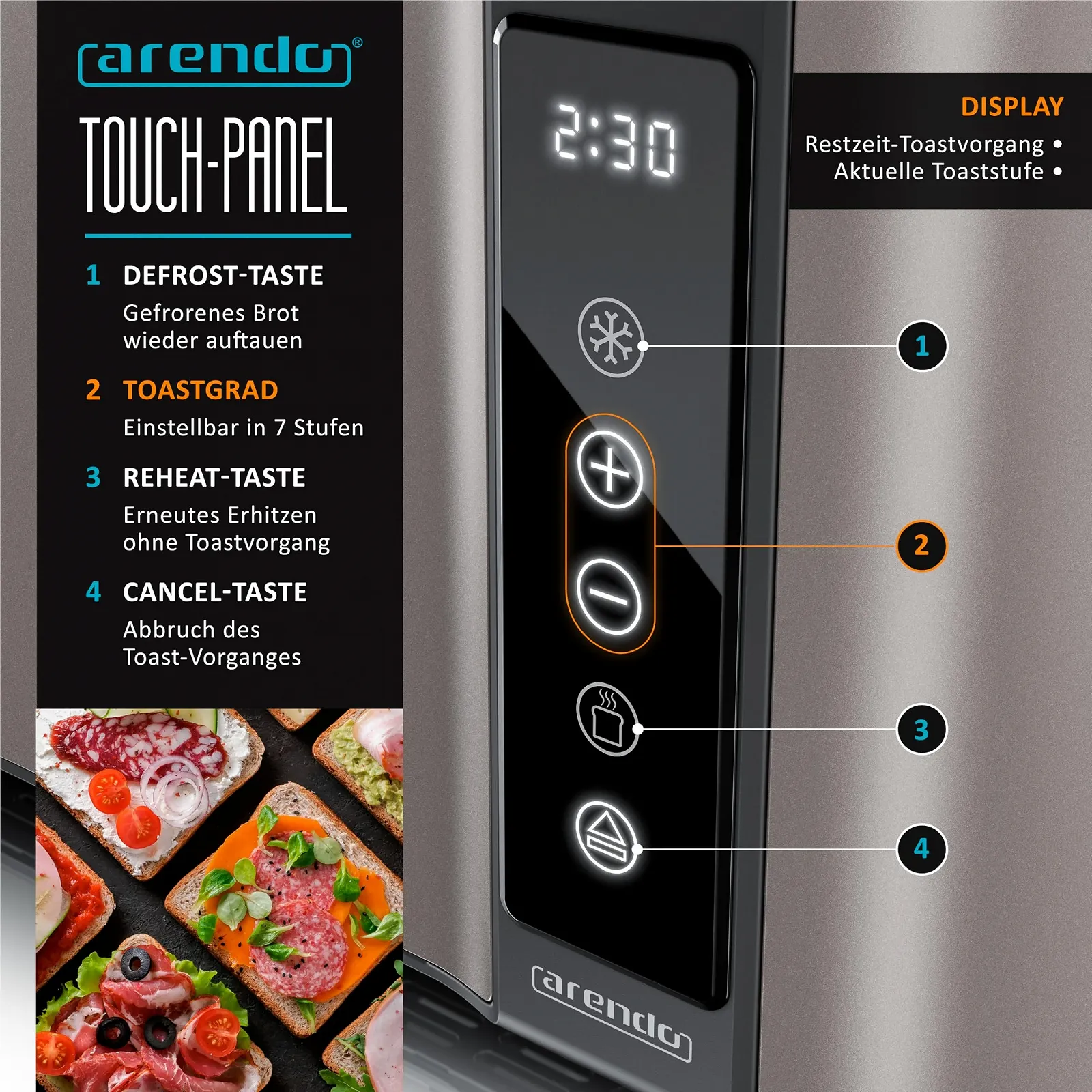Тостер Arendo FRUKOST TOUCH 4 скибочки, нержавіюча сталь, фото №4