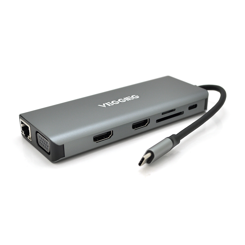 Хаб-конвертор VEGGIEG TC12 Type-C папа на Type-C мама USB3.0*4(мама) HDMI*2(мама) VGA мама SD/TF RJ45 10 см Silver Box, фото №1