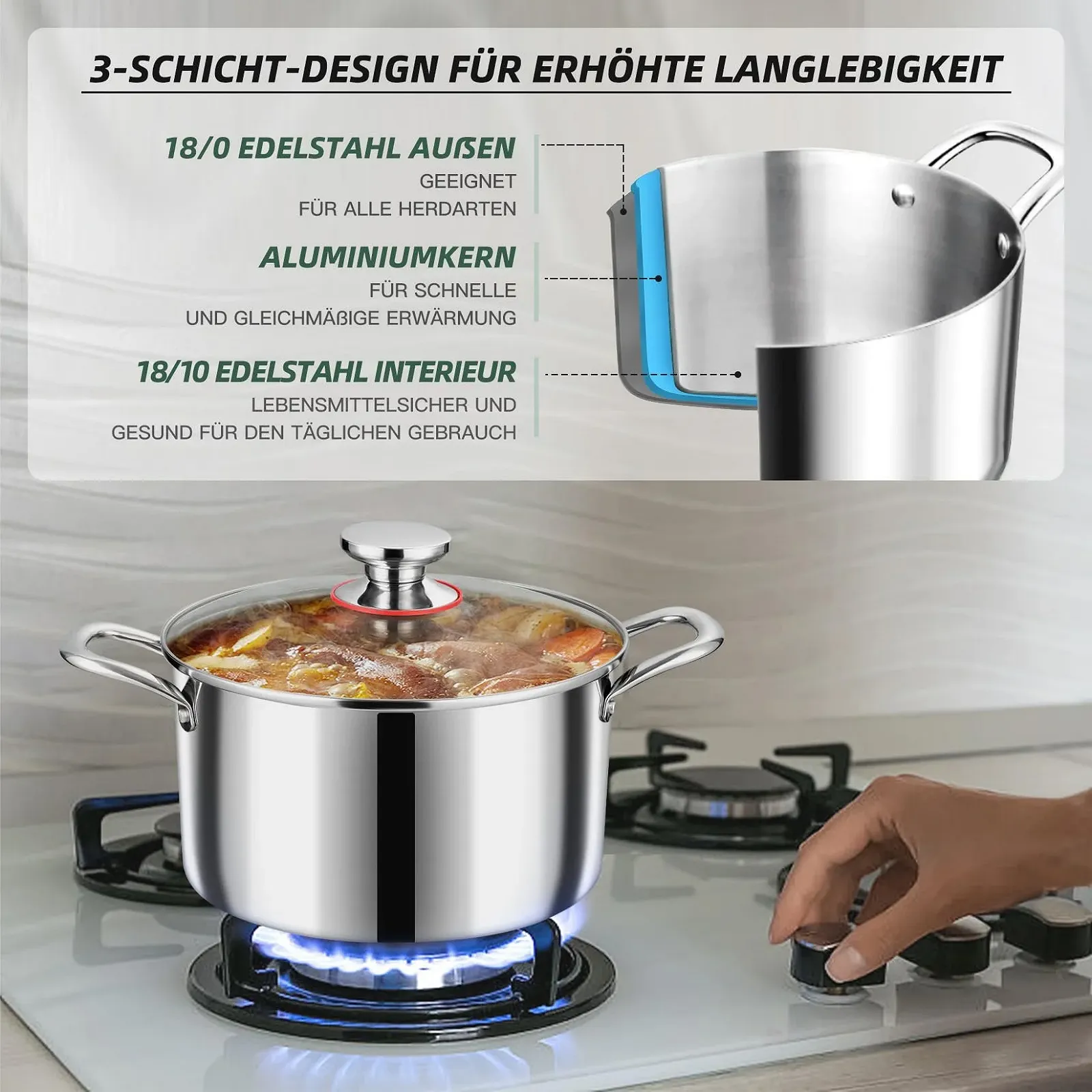 Каструля Onader 3-шарова з нержавіючої сталі Індукційна 3.3 л з кришкою 20 см, фото №3 Каструля Onader 3-шарова з нержавіючої сталі Індукційна 3.3 л з кришкою 20 см, фото №3