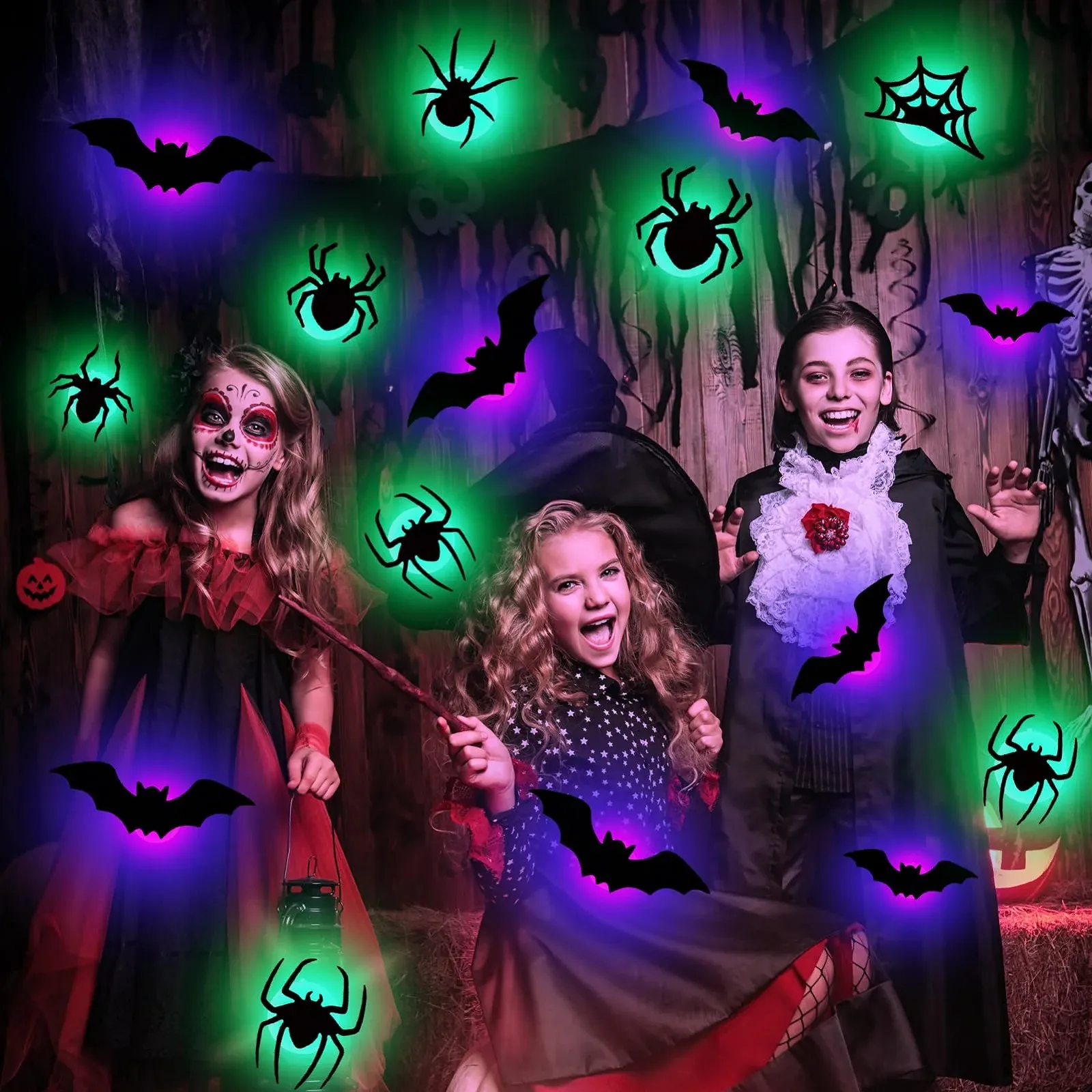 Наклейки на стіну LED Хелловін Кажани та павуки 3D 18 шт. (B), фото №5 Наклейки на стіну LED Хелловін Кажани та павуки 3D 18 шт. (B), фото №5