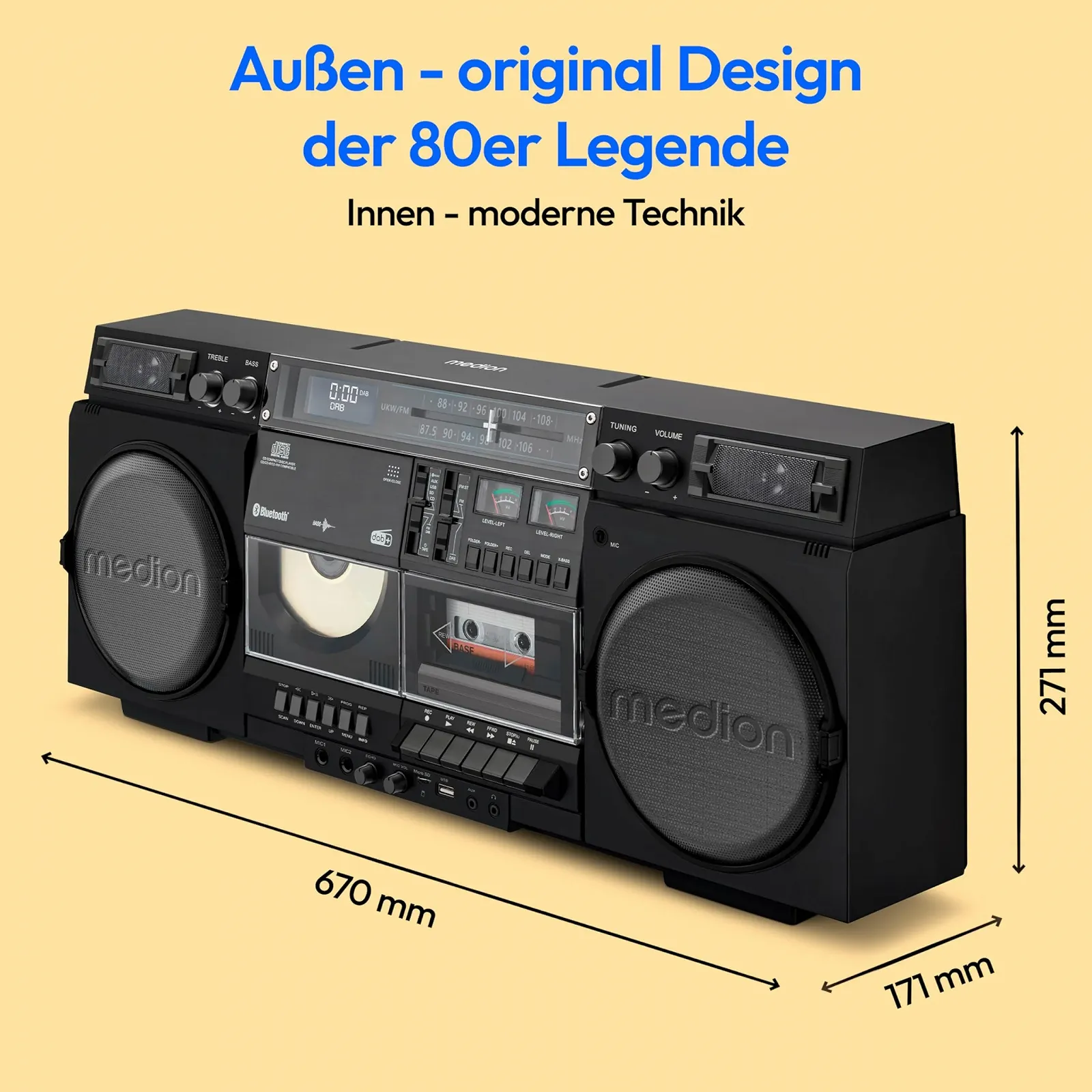 Ретро магнитофон MEDION P66538 с CD-проигрывателем USB SD MC DAB+ радио телескопическая антенна Bluetooth функция записи, фото №7 Ретро магнитофон MEDION P66538 с CD-проигрывателем USB SD MC DAB+ радио телескопическая антенна Bluetooth функция записи, фото №7
