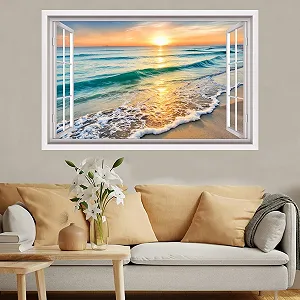 3D наклейка на стіну Захід сонця пляж та море 84 x 52 см самоклеюча водостійка вінілова - Фото 1