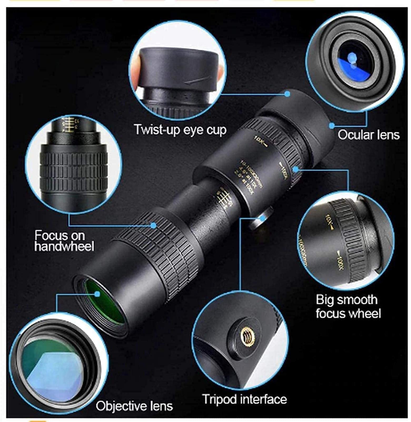 Монокуляр WANWEN Telescopic Monocular Telescope 4K Zoom Monocular Binoculars Карманний телескоп Підтримка смартфона для зйомки 10-30 x 25 + Кліпса для камери + Трикутна підставка Маленький сюрприз, фото №2