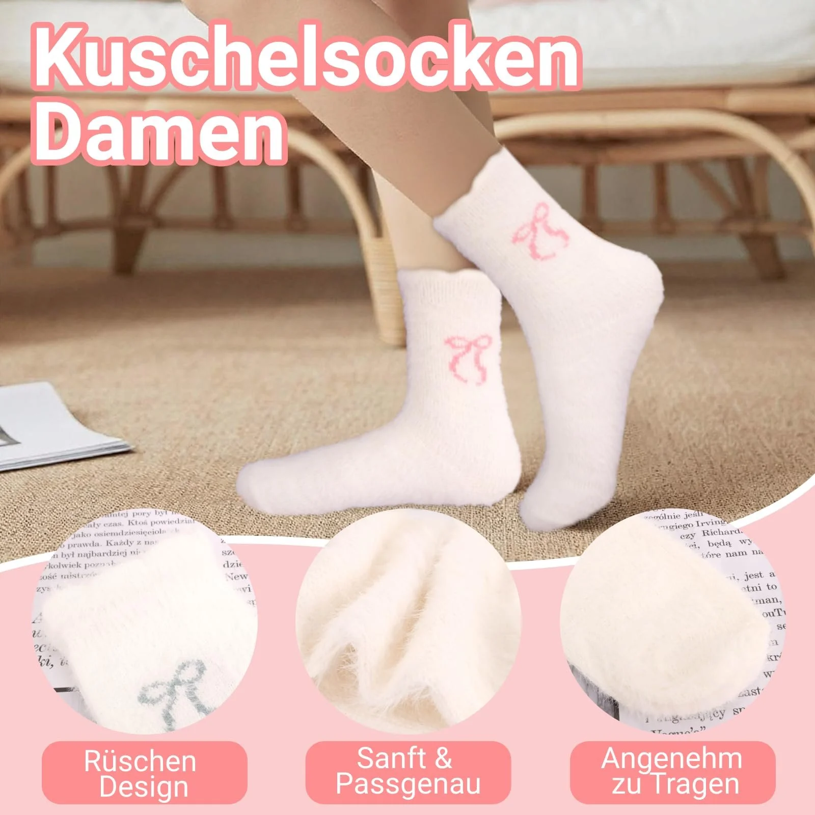 4 пары женских носков, пушистые носки с рюшами, теплые носки с рюшами, носки для кровати, носки для сна, фото №2