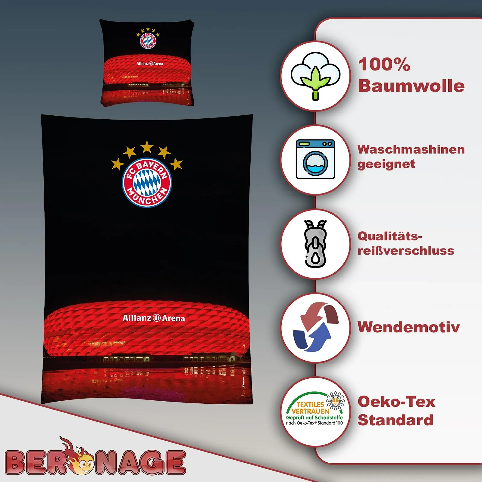 Постельное белье детское FC Bayern München Berni Mascot 135 x 200 см + 80 x 80 см 100% хлопок Renforcé Linon на молнии, фото №3