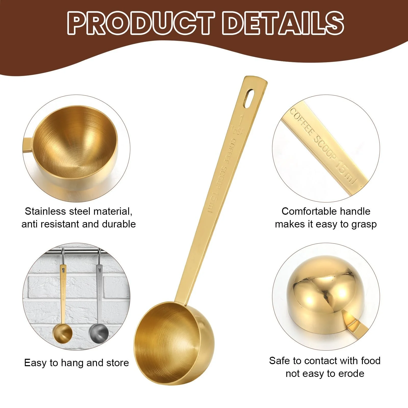 Ложка кавова Nogeqi 15 мл, нержавіюча сталь, срібна, золота, набір 2 шт, фото №3