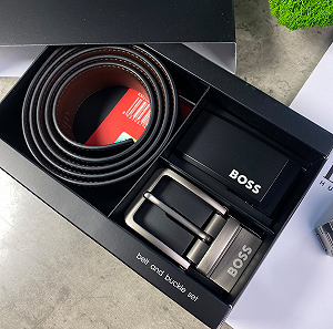 Ремінь чоловічий з натуральної шкіри BOSS подарунковий набір з двома змінними пряжками - Фото 1