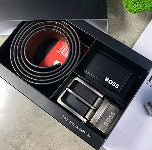 Ремінь чоловічий з натуральної шкіри BOSS подарунковий набір з двома змінними пряжками - Фото 1