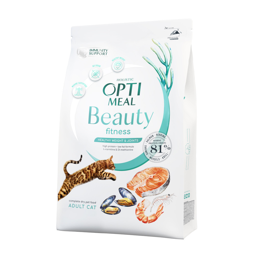 Optimeal Beauty Fitness Healthy Weight Joints Cухой беззерновой корм с морепродуктами для котов 4 кг, фото №1