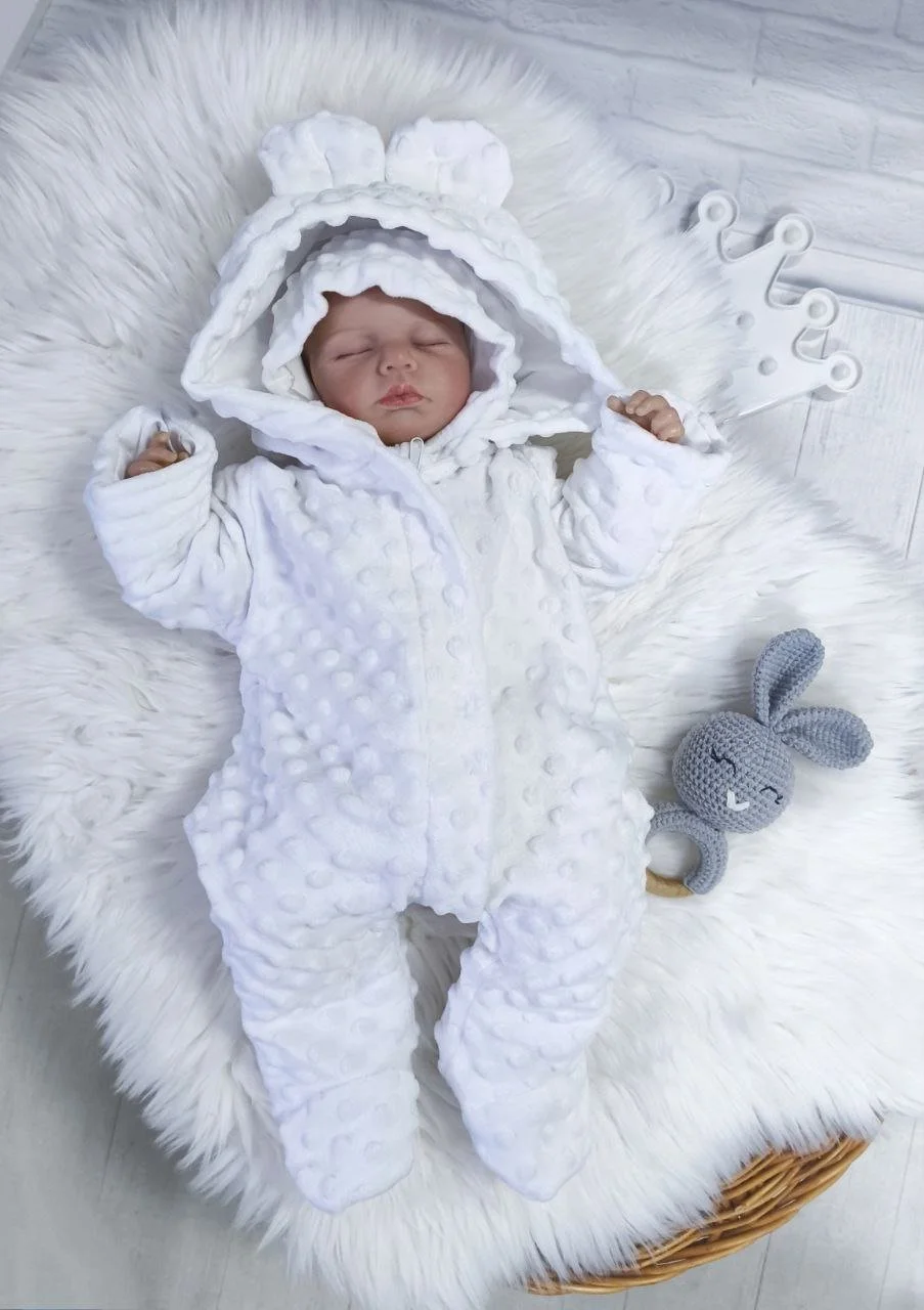 Плюшевий комбінезон та шапочка для новонародженого, теплий сліп білий, фото №1