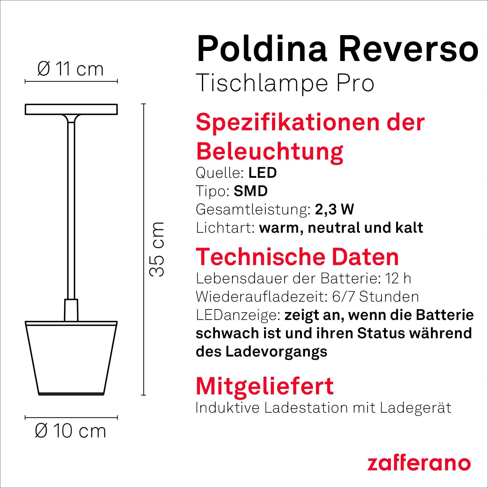 Настільна лампа Zafferano Poldina Reverso LED бездротова акумуляторна регульована сенсорна алюмінієва H35 біла, фото №5