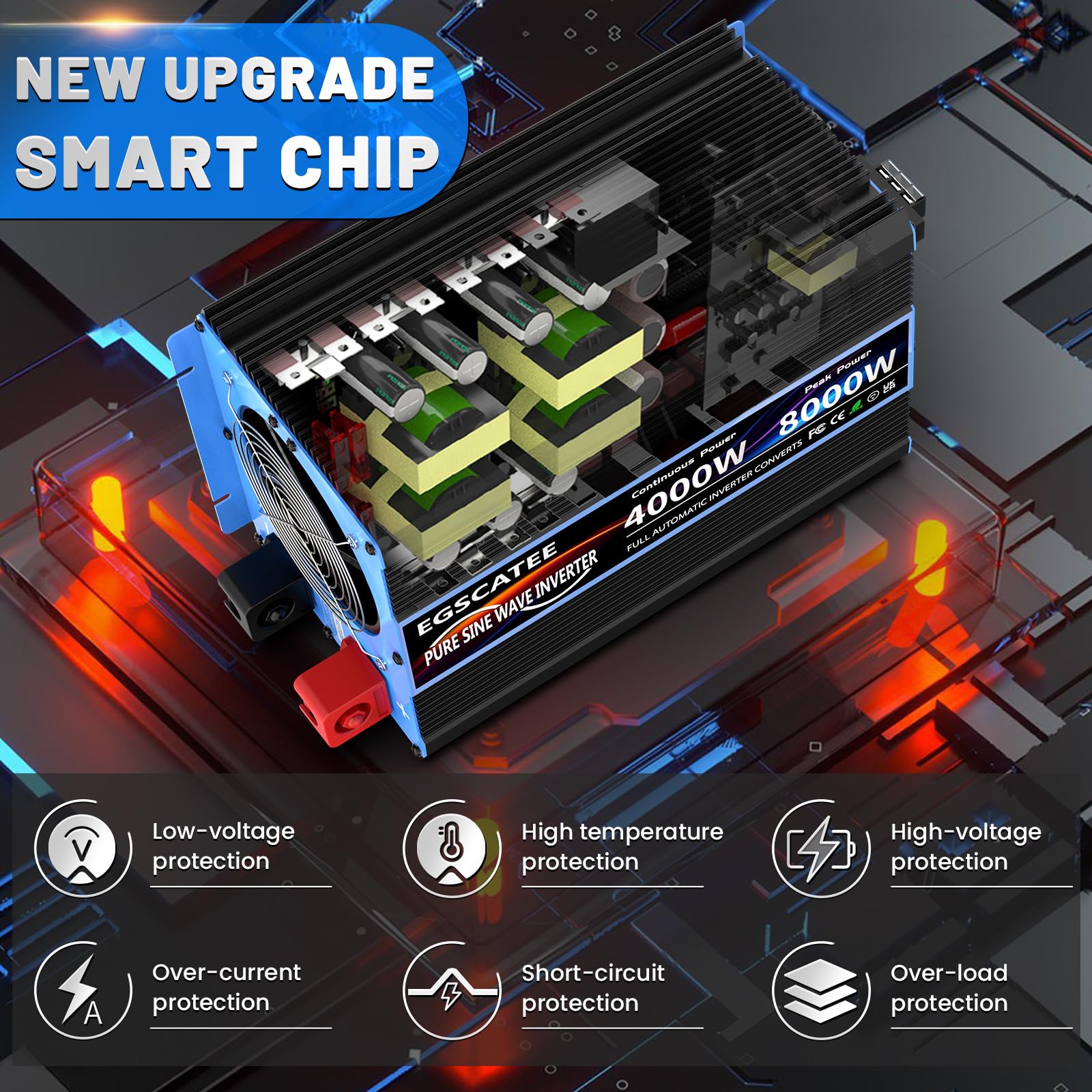 Інвертор 4000 W 12 V 230 V перетворювач напруги чистої синусоїди з 2 EU розетками, USB Виходом, Type-C, пультом дистанційного керування та LCD дисплеєм пікова потужність 8000 W для вантажівки кемпінгу аварійний кемпер фургон, фото №5