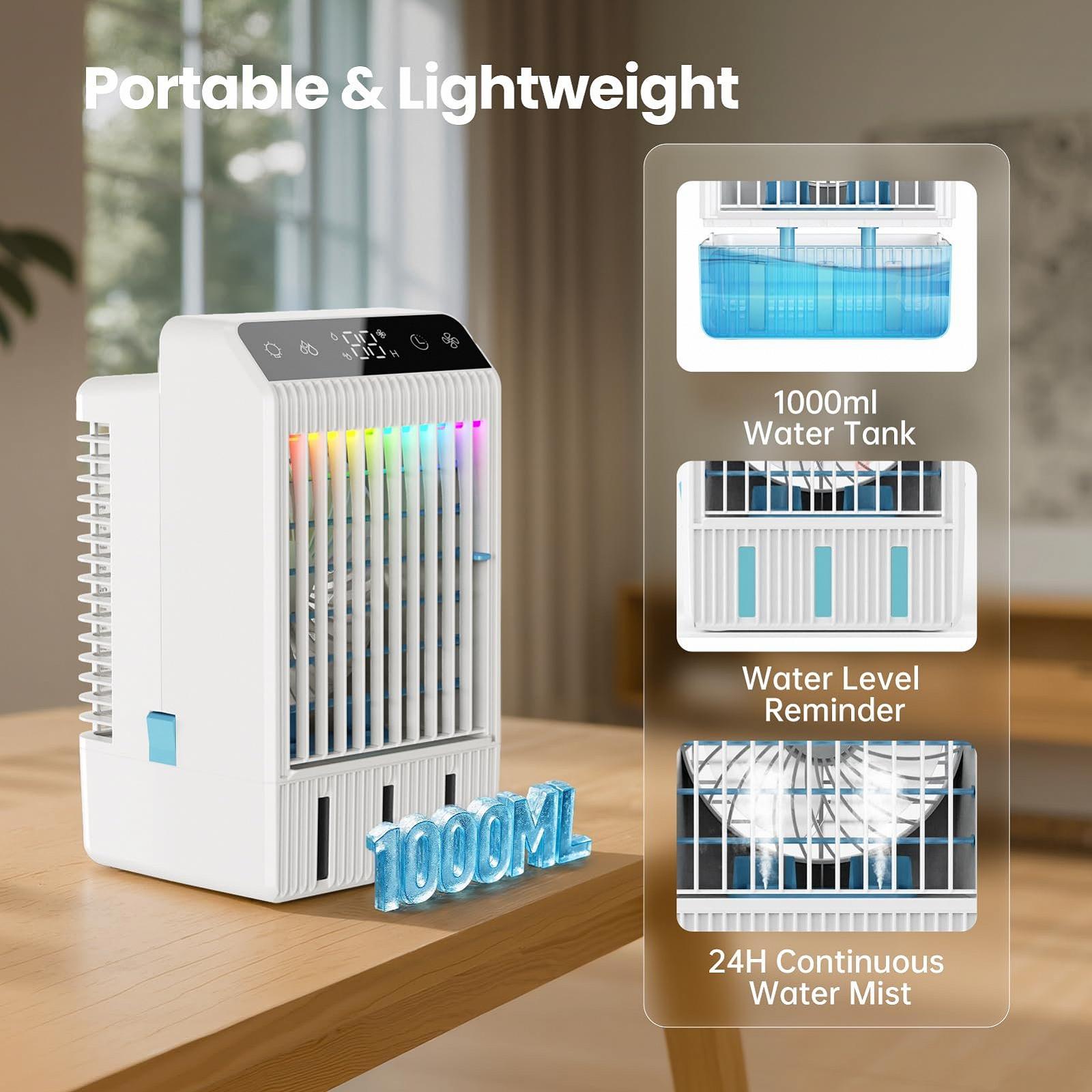 Мобільний міні-охолоджувач повітря 5-в-1 1000 мл 4 швидкості з дистанційним керуванням та таймером 12 год, фото №4