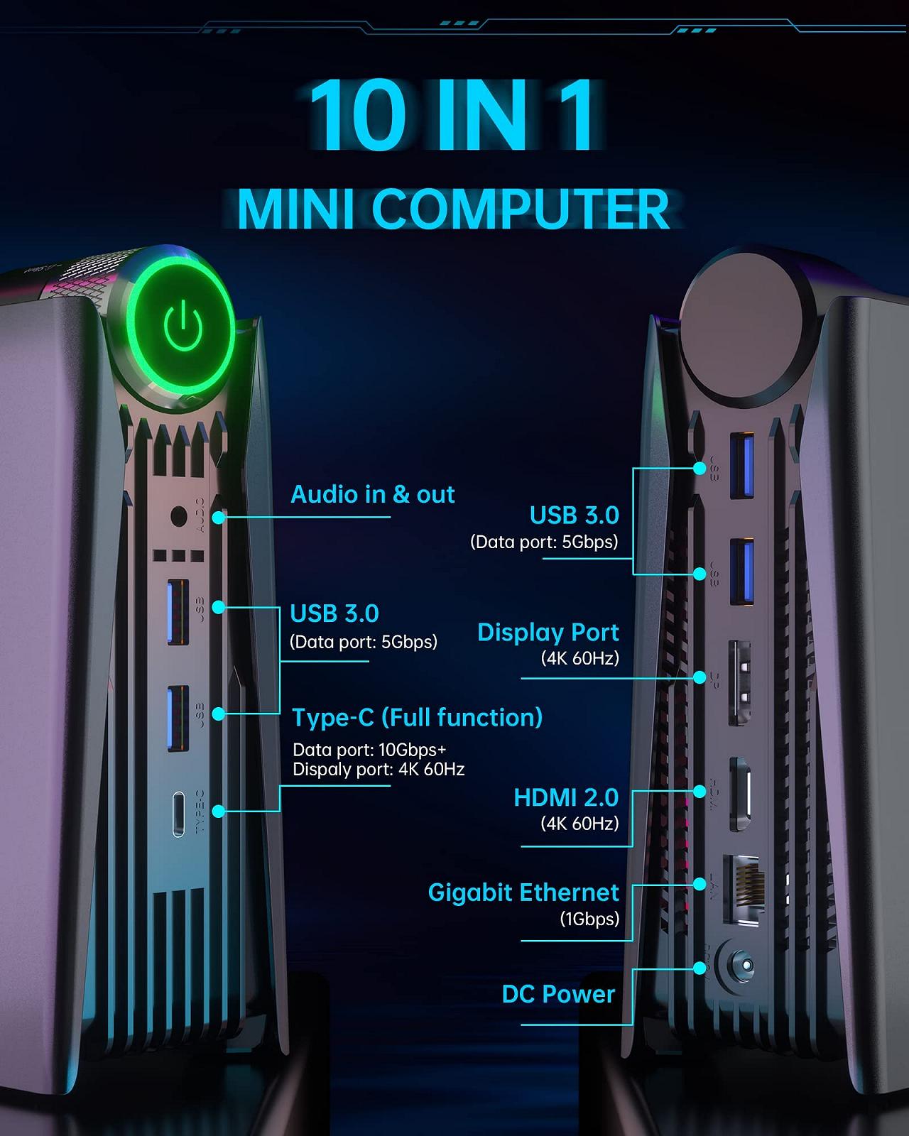Mini комп'ютер ACEMAGICIAN AMR5 RGB Lights AMD Ryzen 5 5600U (до 4.2ГГц) 32ГБ DDR4 512ГБ SSD 4K HDMI DP Type-C WiFi5 BT 4.2 Auto Power On, фото №2