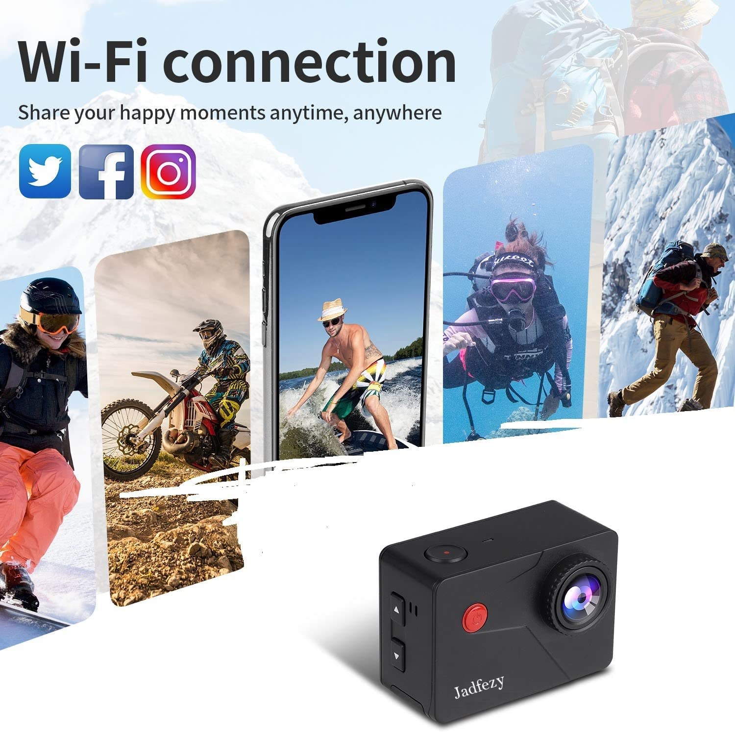 Екшн-камера руху Jadfezy 4K 30fps з WiFi та пультом дистанційного керування 20 MP 170° ширококутна, фото №4