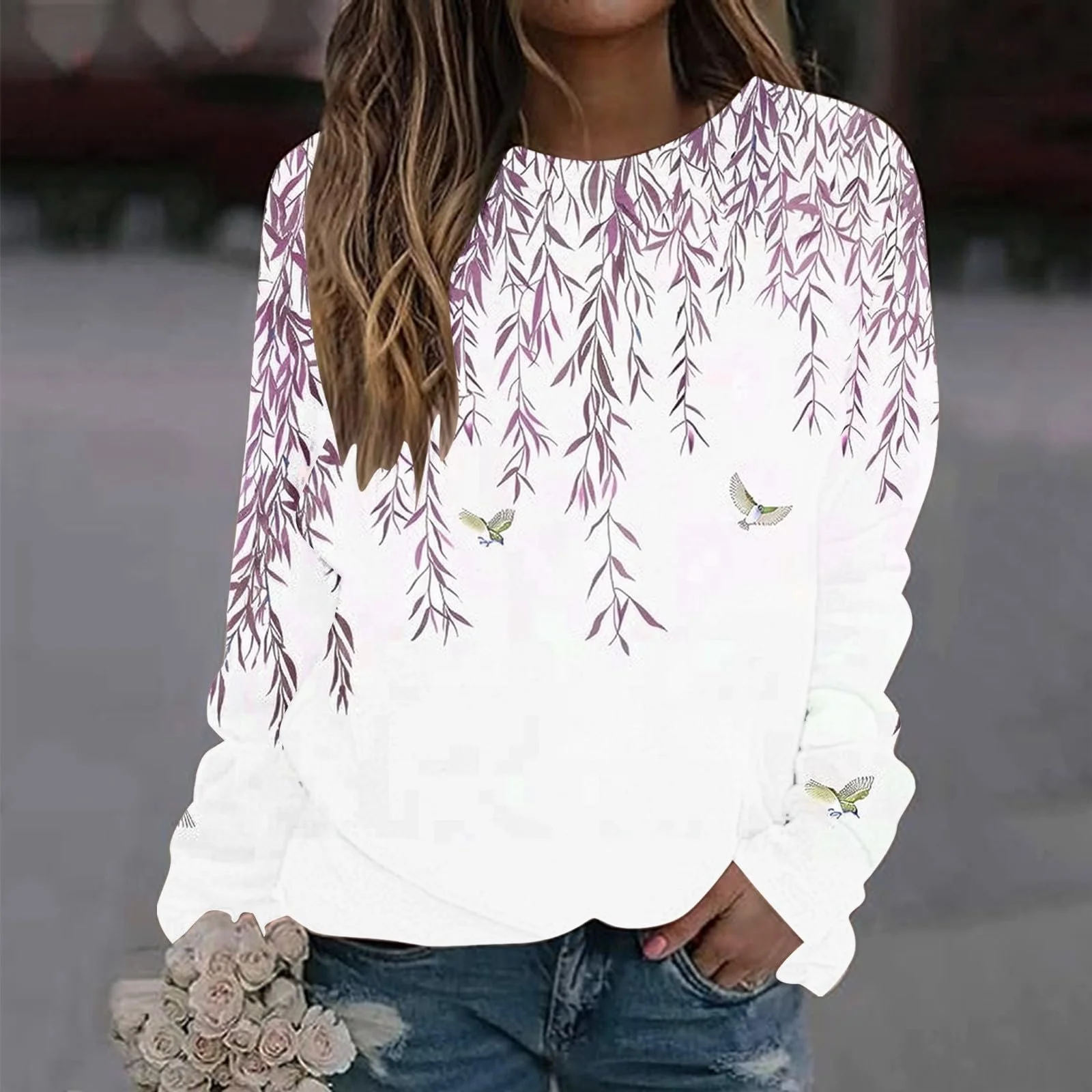 Женский Пуловер Komiseup Однотонный Свитшот Oversized Круглый вырез Длинный рукав Бежевый, фото №2